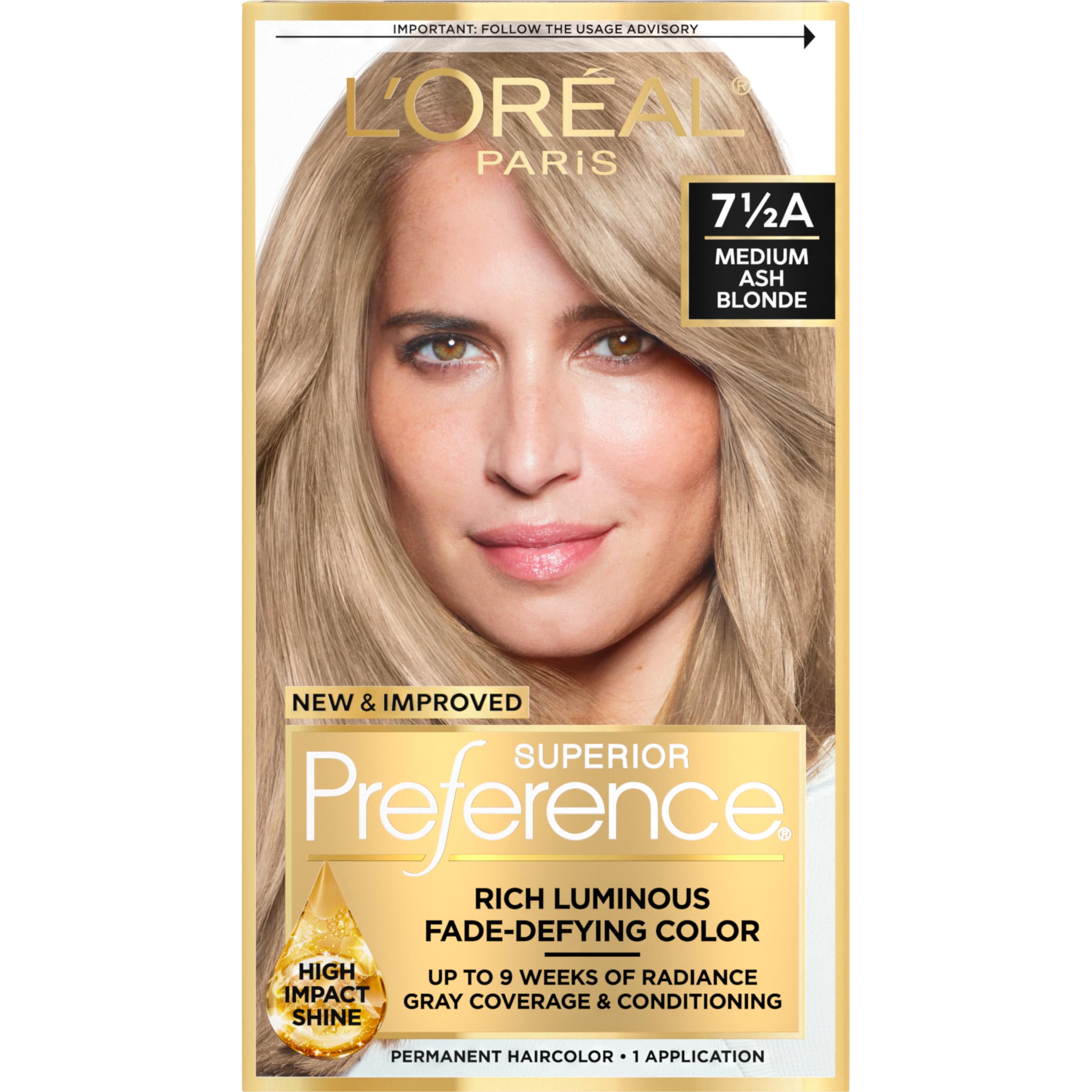 L'Oreal Paris Superior Preference Luminous Fade-Defying Permanent Hair Color, Hair Dye For Up to 9 Weeks of Radiance, Medium Ash Blonde 7.5A, 1 Hair