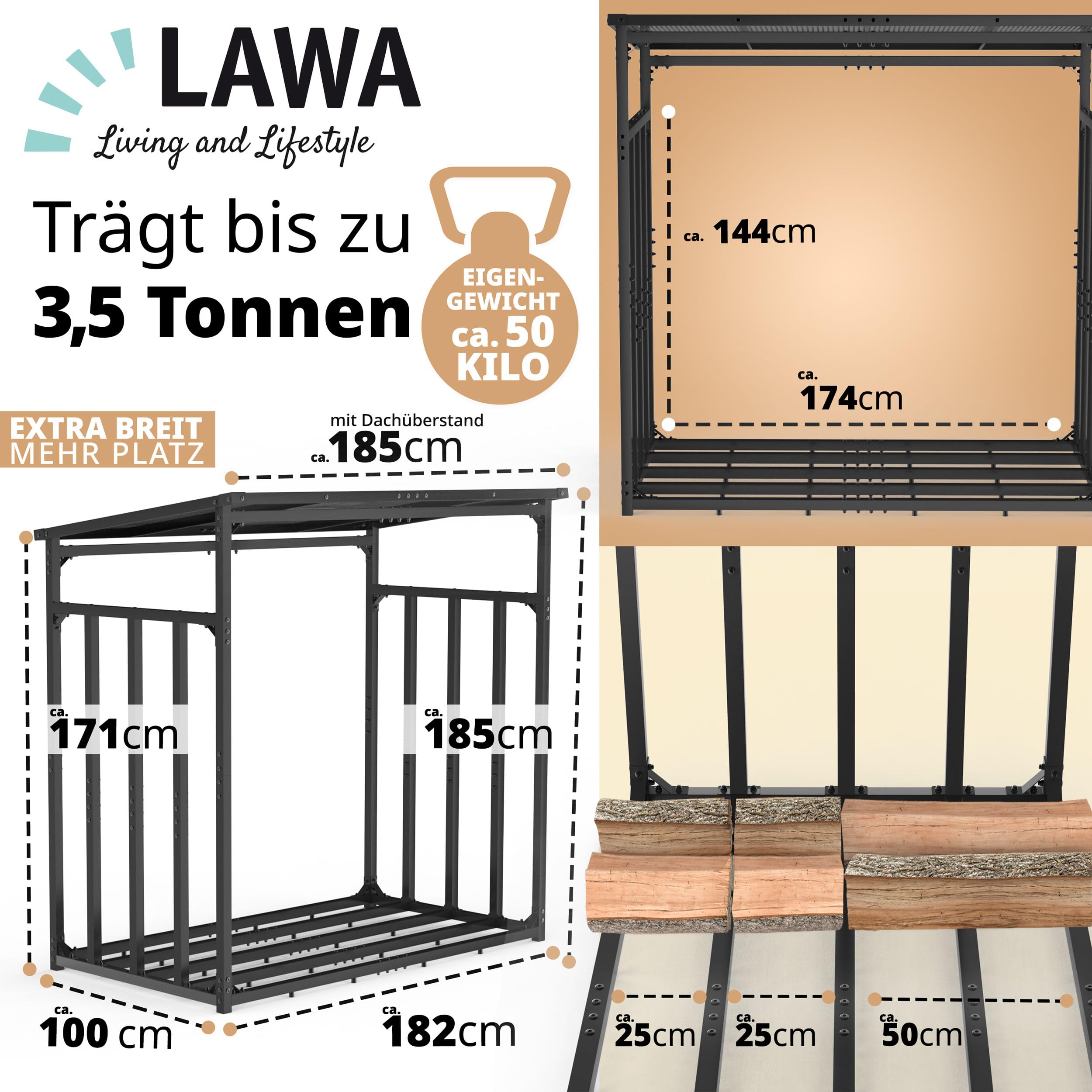 Scaffale per legna da ardere esterno in metallo con tetto 185 x 105 x 185cm 50 kg 3,5 t zincato supporto impilabile per legna da ardere legno Scaffale da giardino log