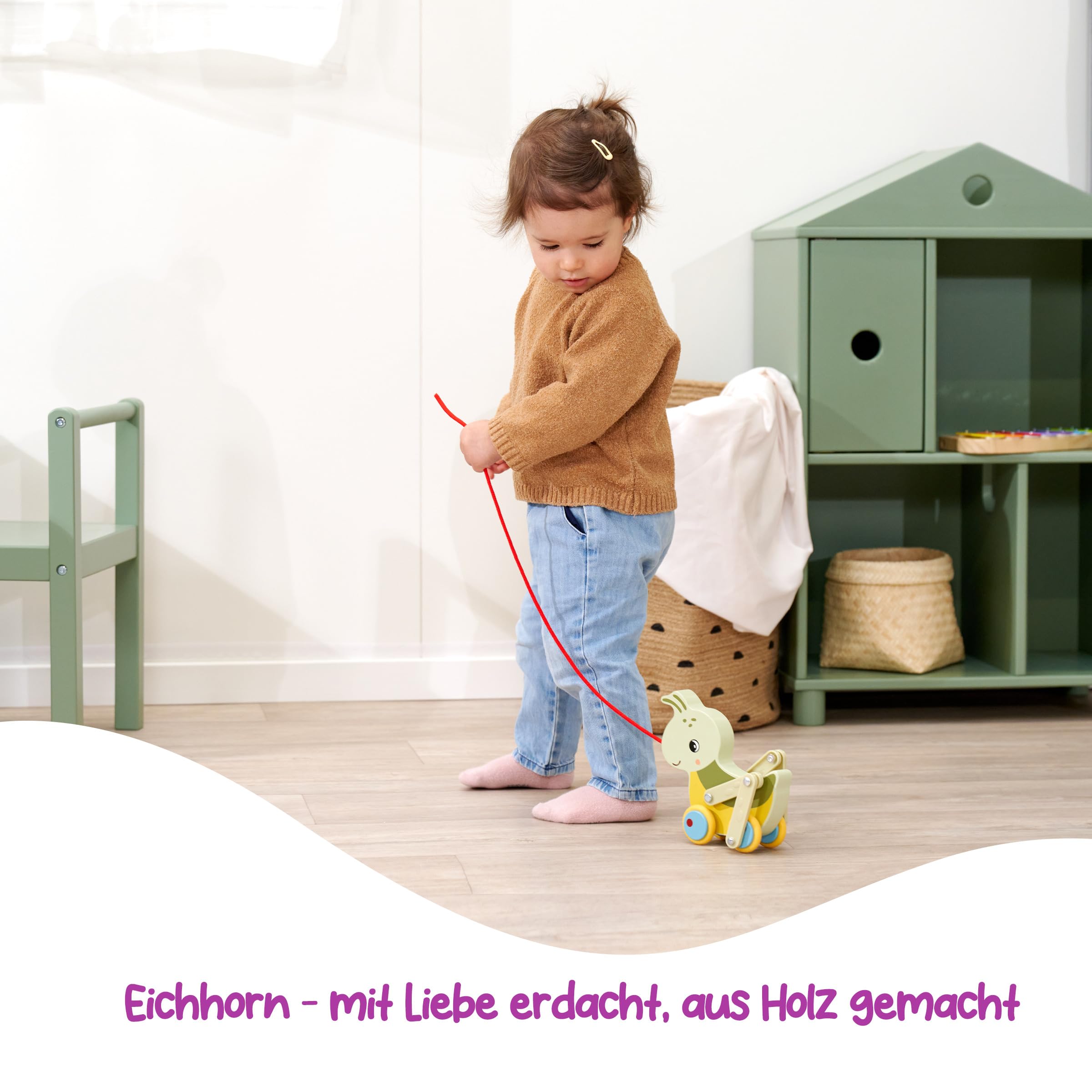 Eichhorn – Konik polny z ruchomymi nogami i cichymi silikonowymi kółkami, idealny towarzysz na pierwsze kroki, długość 16 cm, ze 100% sklejki z certyfikatem FSC, od 1 roku życia