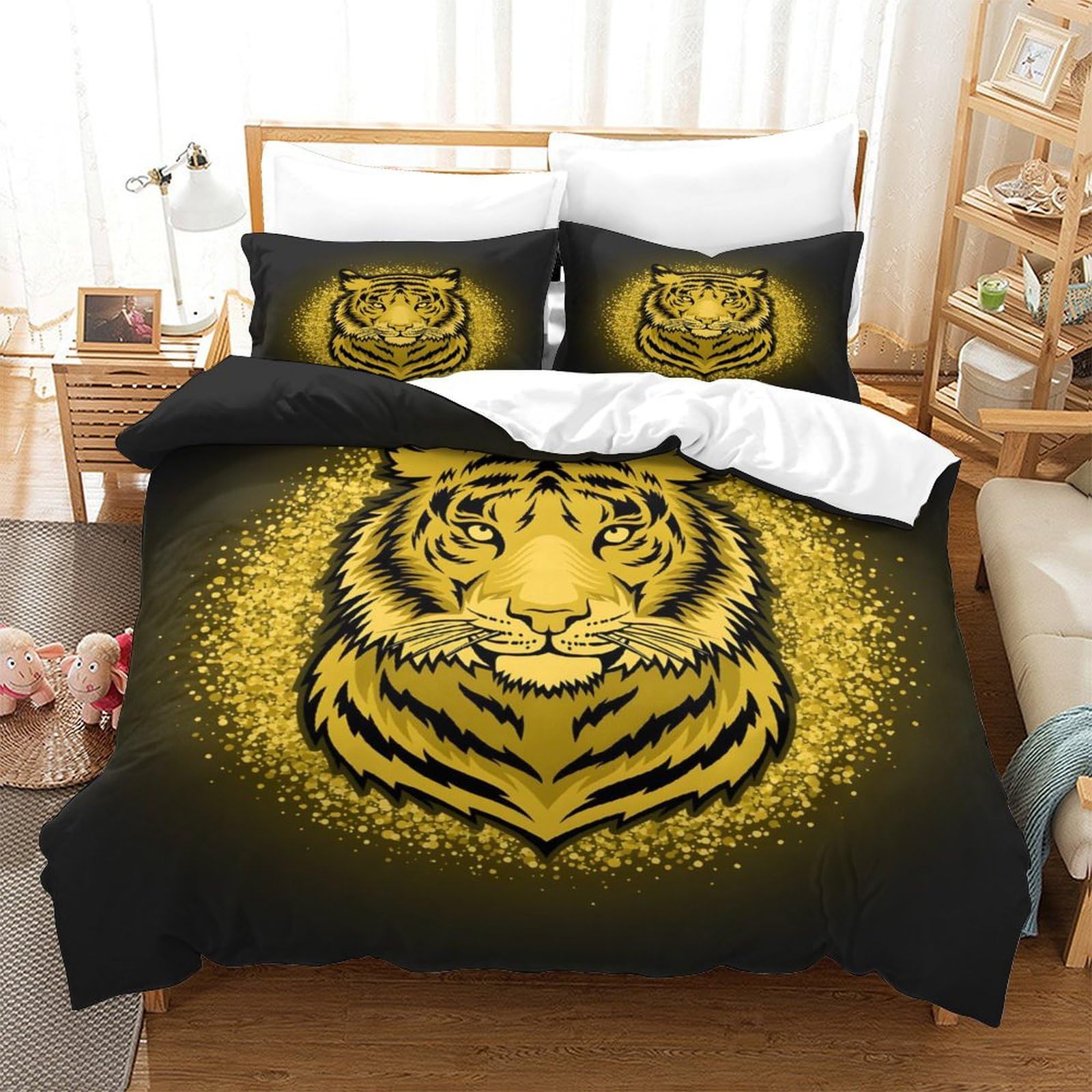 LIAOHENKAN Gold Tiger Full Size Comforter Set for Teens Adults 3Pcs Soft Microfiber Bedding Set with Zipper Closure Breathable Quilt Set Ultra Soft Room Decor Single（140x200cm）