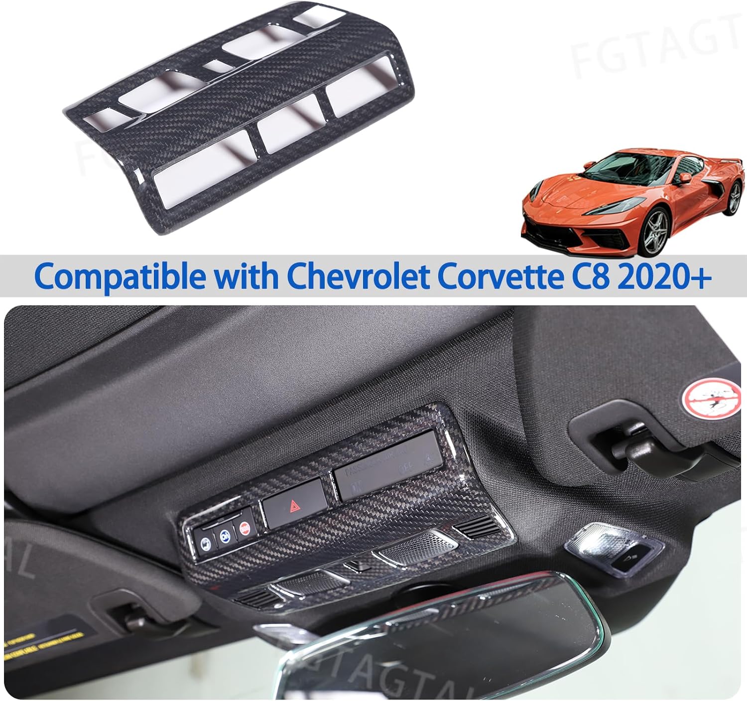 Real Carbon Fiber Roof Reading Light Lamp Cover Trim Compatible with Chevrolet Corvette C8 2020-2026, Top Reading Light Cover, Inner Front Reading Light Frame Decoration (Black)