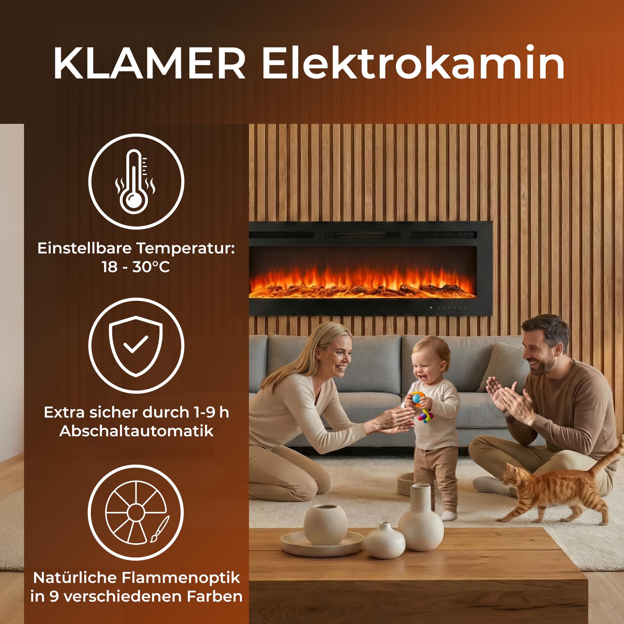 KLAMER Elektrokamin 1800W, Heizlüfter mit Thermostat 18–30°C, 9 Flammenfarben, Timer 1–8h, WiFi App & Fernbedienung, Elektroheizung bis 37m²