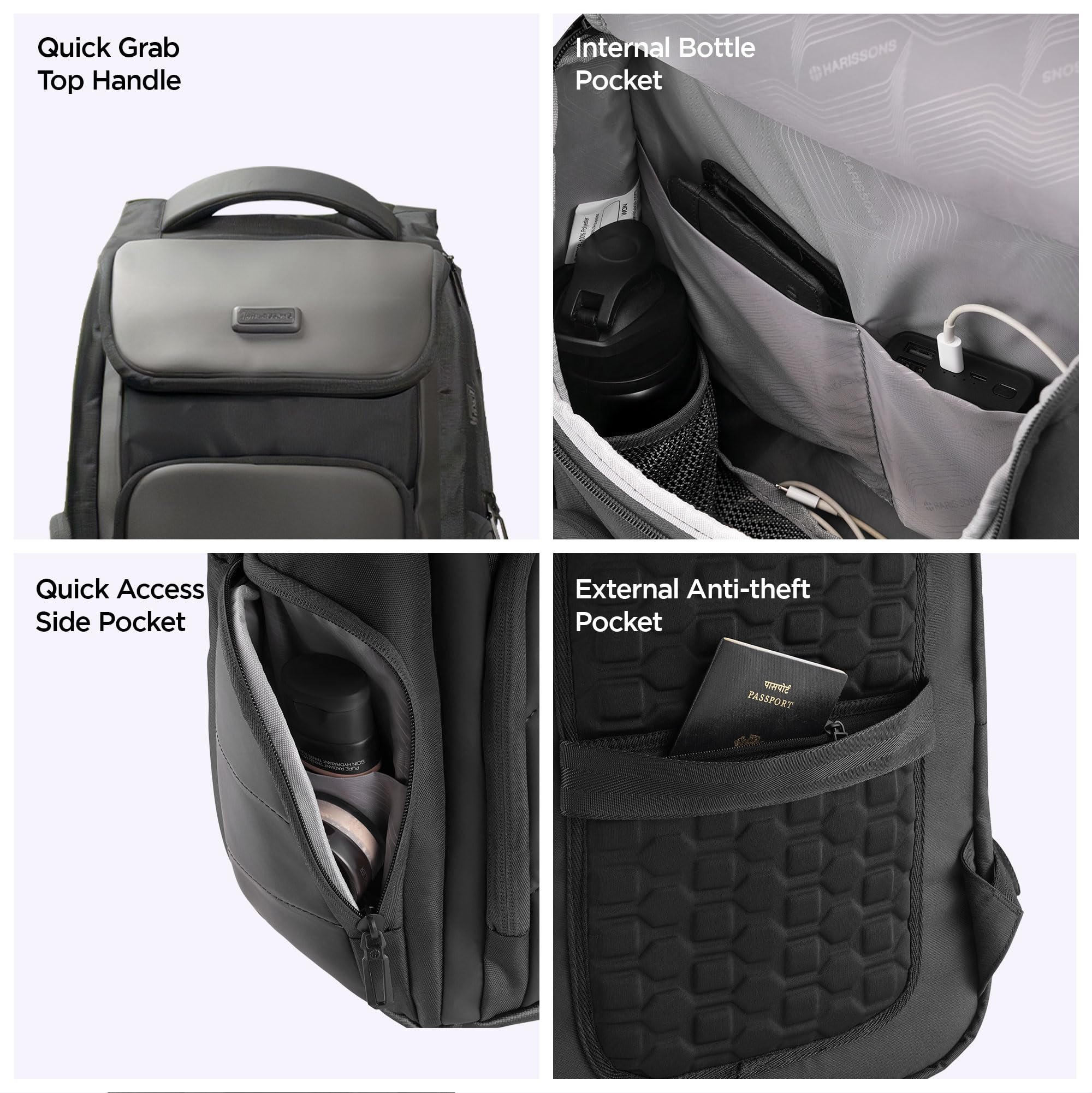 HARISSONS Teknos Business Travel Laptop Backpack | 35L | Fits 15.6” Laptop | 900D PU-Coated Polyester & Vegan Leather | Work, Travel & Commute | USB Port, Anti-Theft Pocket, Rain Cover (Grey) 4
