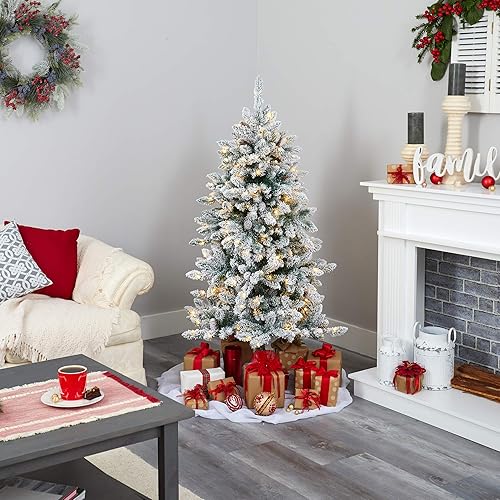 Miniatura 6 de Nearly Natural Árbol de Navidad artificial de abeto Livingston flocado de 5 pies con piñas y 200 luces LED cálidas y transparentes