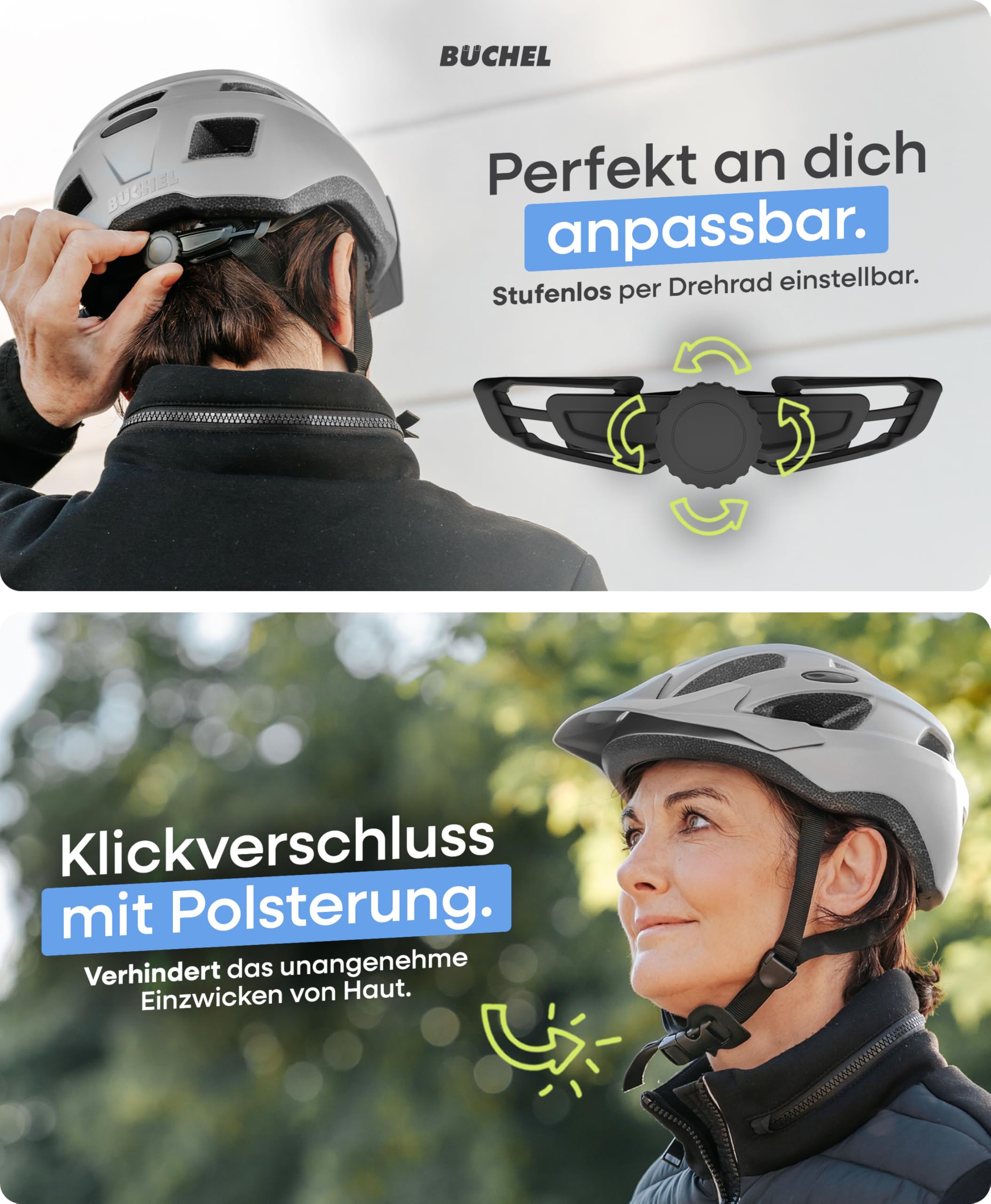 BÜCHEL Fahrradhelm mit In-Mould Technologie & Cam Lock - Helm für Kinder, Damen und Herren, mit Kinnpolsterung und waschbarem Fliegennetz - Fahrrad Helm 52–57cm & 58–61 cm | Schwarz, Weiß, Grau