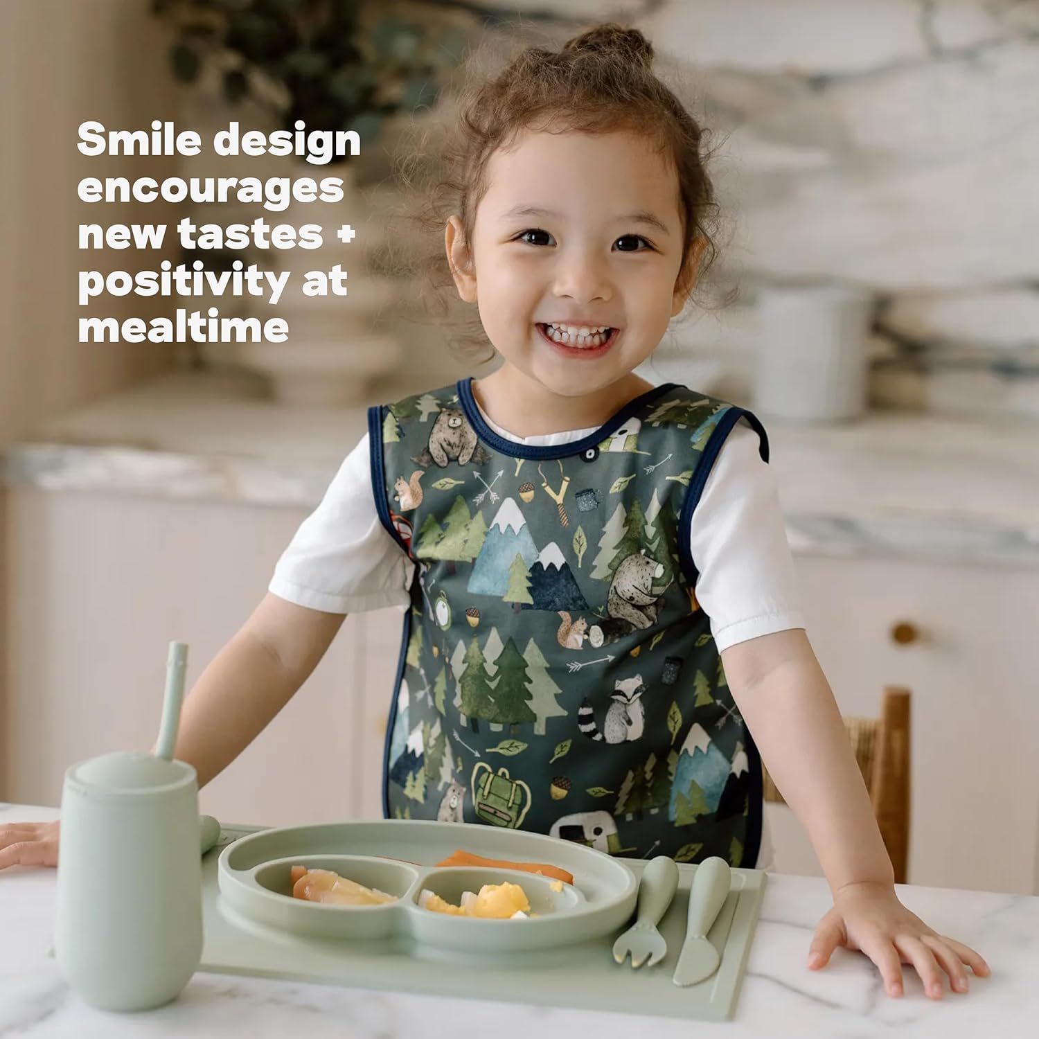 ezpz Happy Mat (Sage) - 24 Months+ - 100% Silicone Suction Placemat + Divided Plate with Three Compartments - Toddler + Preschool Essentials