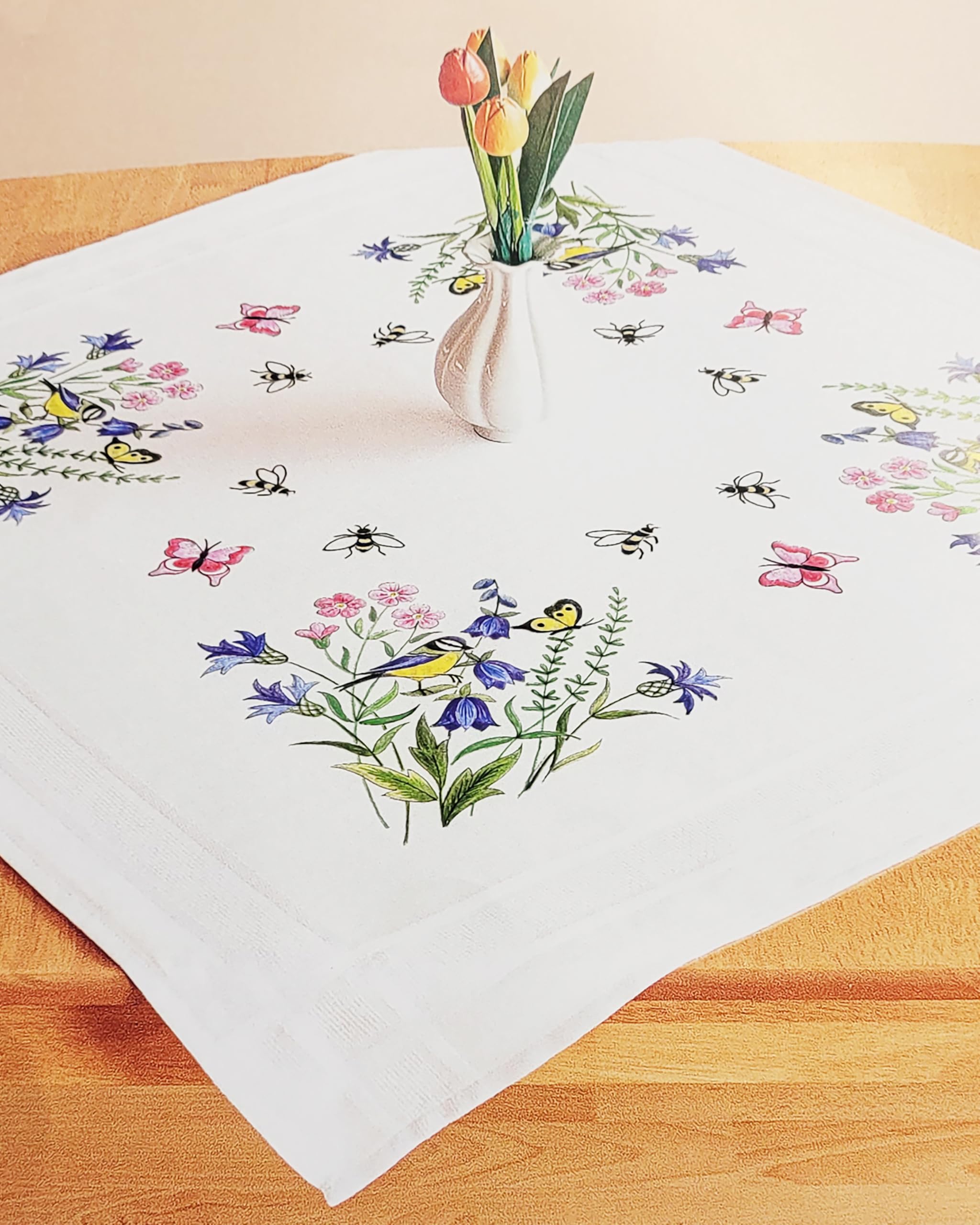 KAMACA Embroidery Kit, Flat Stitch, Stem Stitch, Pre-Drawn Cotton, Complete Embroidery Set with Embroidery Template, Embroidery Kit for Self-Embroidery, Adults (Flower Paradise with Tits, MD 80 x 80