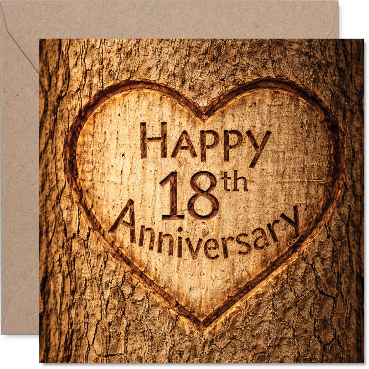 Heartfelt 18th Anniversary Card - Rustic Warmth for a Special Milestone - Heart Motif on Wood-effect Design - 145mm Square, Envelope Included