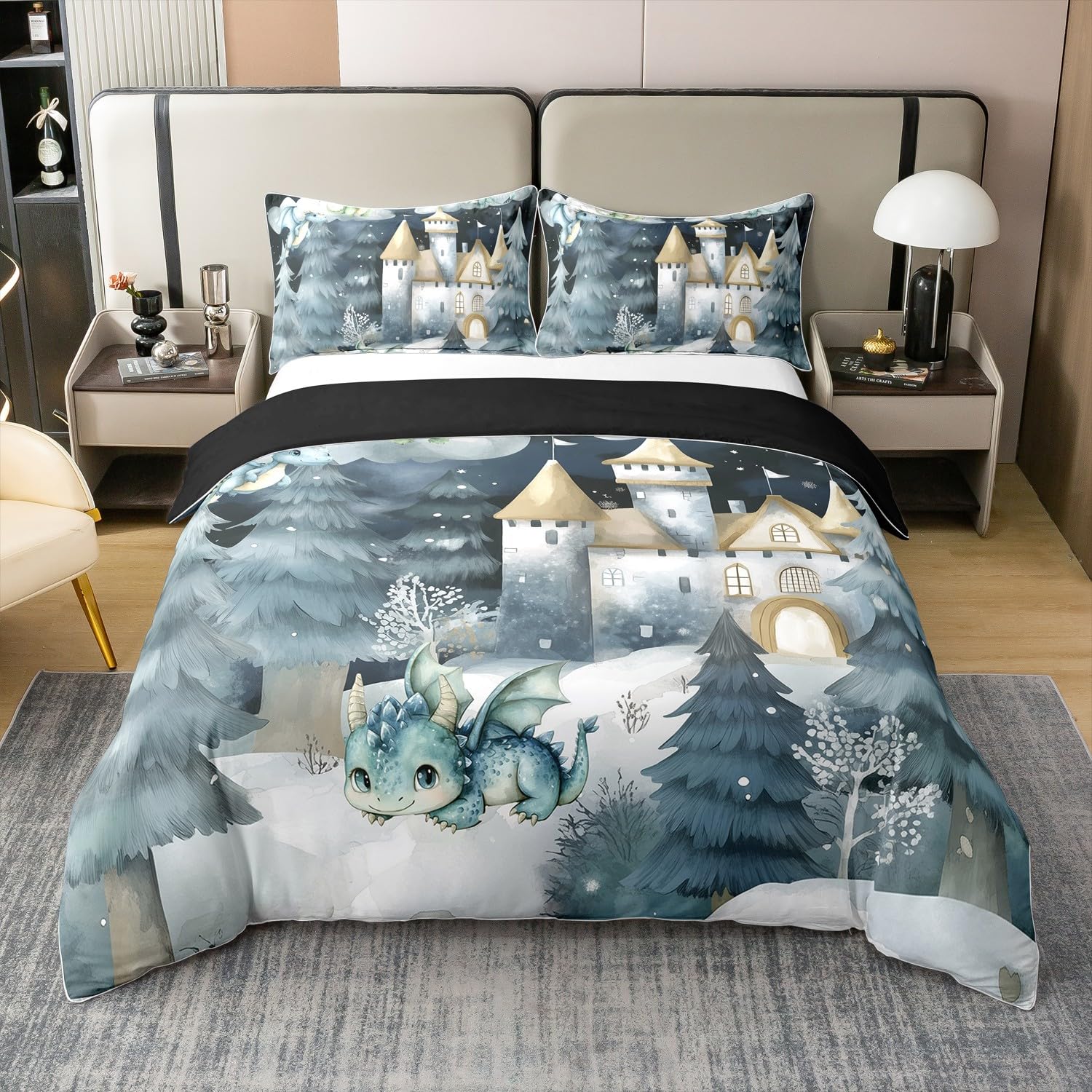 100% Natural Cotton Kids Boys Dragon Duvet Cover Twin Size,Cartoon Castle Wildlife 2 Pieces Duvet Cover,Mystery Night Jungle Pine Trees Comforter Cover (Not Comforter),Retro Tie Dyed Quilt Cover