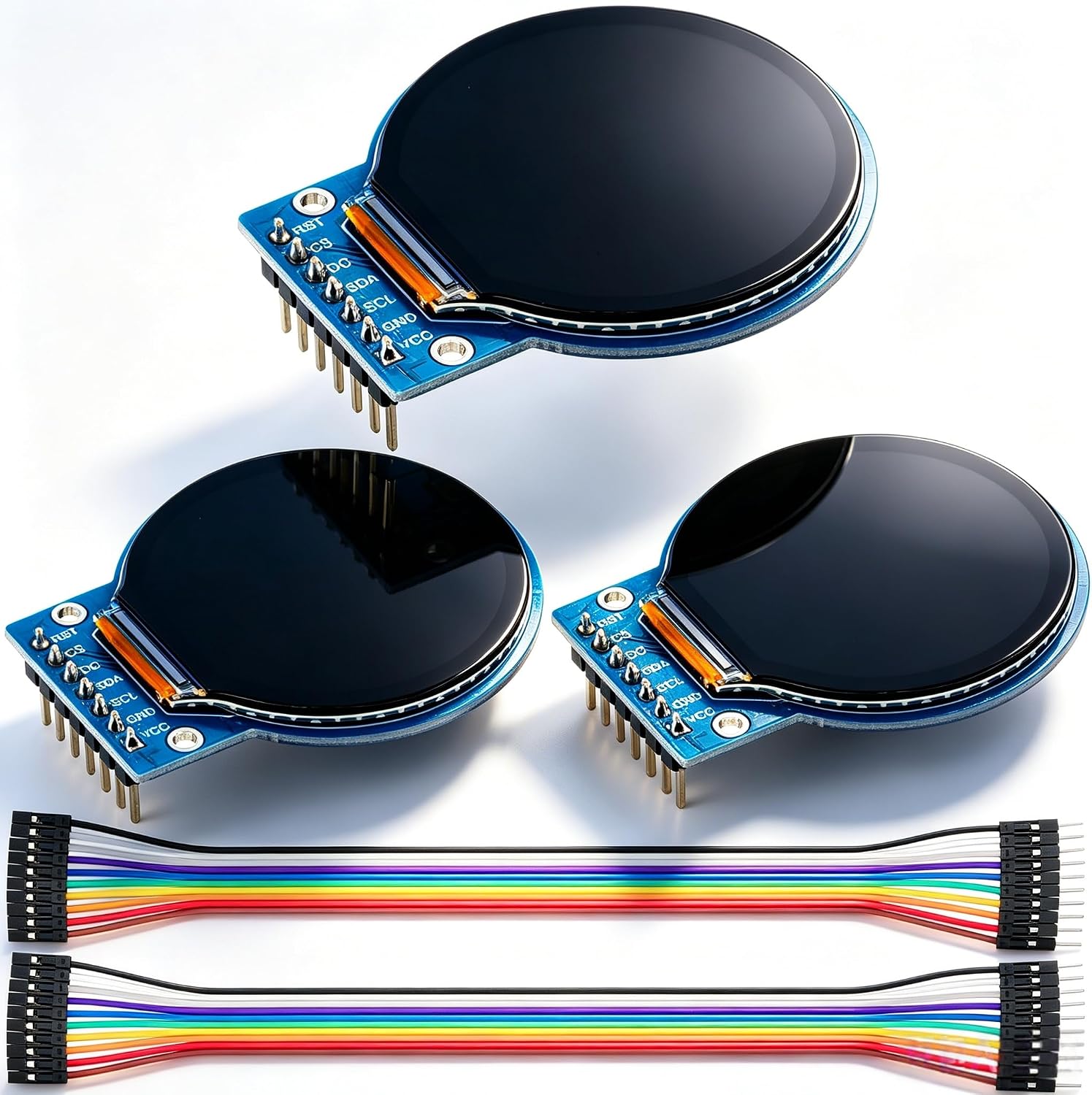 3Pcs TFT LCD Display Screen Round 1.28 Inch 240x240 7 Pin SPI | Compatible with Arduino Full Color HD IPS GC9A01 Driver Chips Welding Pins