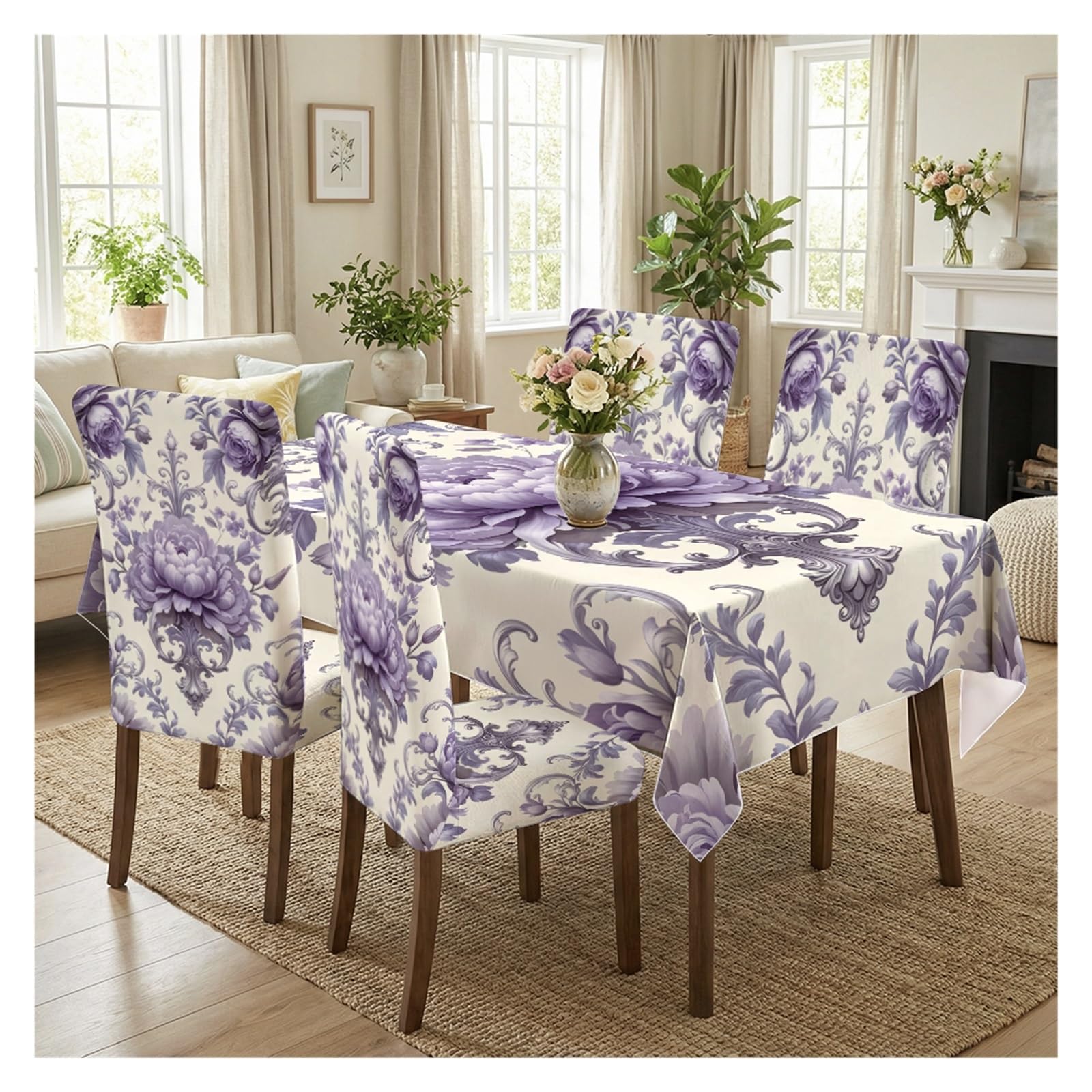 BOSUYBN Vintage Purple Peony Rose Damask Floral Dining Tablecloth & Chair Covers Set, 5/7 Piece Elegant Baroque Classic Dining Room Home Decor Table Setting(5pcs Set: Tablecloth+Chair Covers)