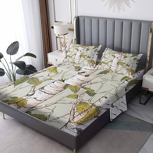 Juego de sábanas de abedul tamaño Queen, sábanas de bosque, sábanas y fundas de almohada estampadas de 4 piezas, sábana bajera ajustable de