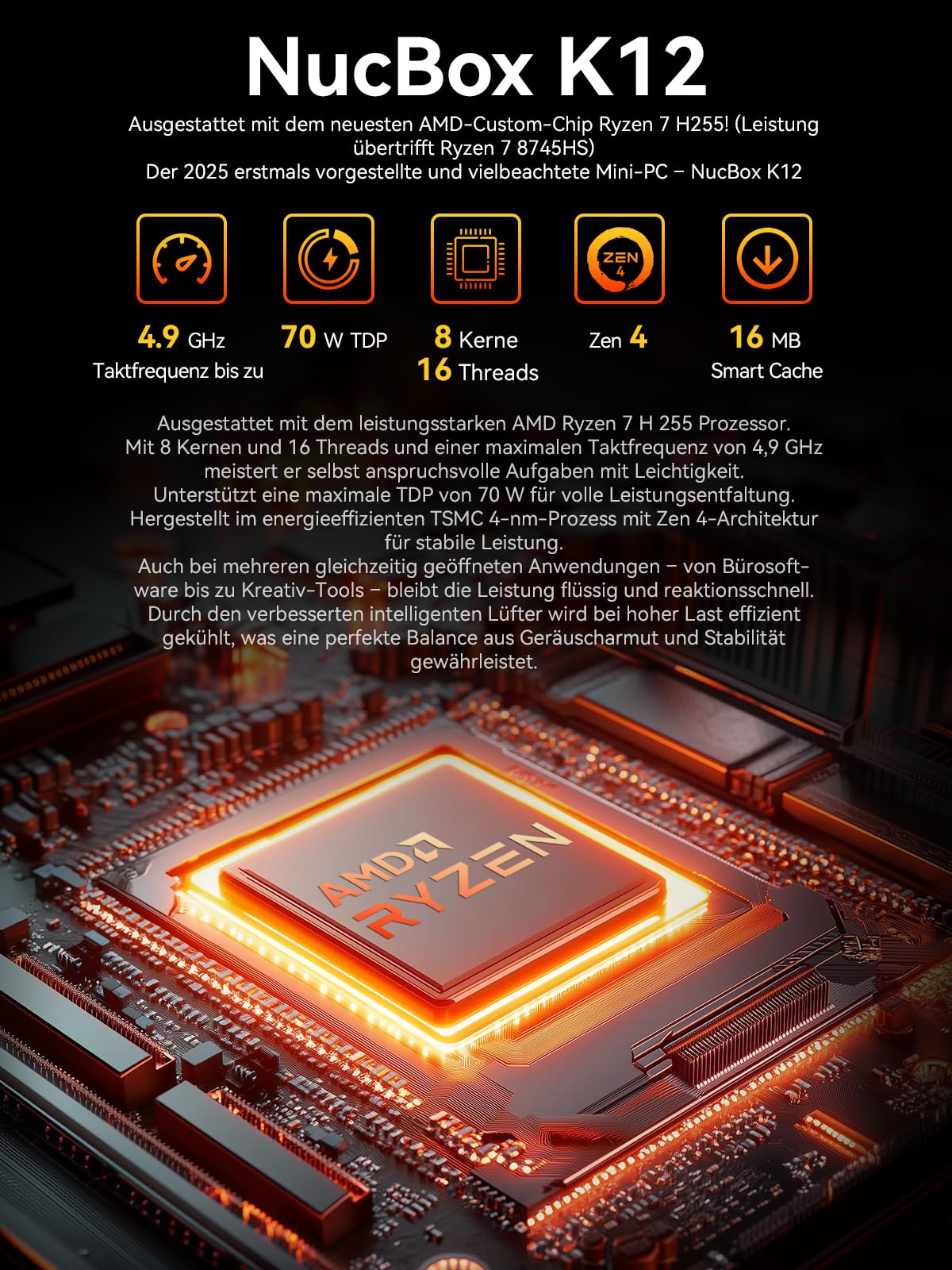 Mini Gaming PC AMD Ryzen 7 H 255 (Upgrade 8745HS, 4.9 GHz), Mini PC barebone (NO DDR, NO SSD) Suppoprt DDR5, PCIE 4.0x4, Micro-PC mit USB4.0|2.5G LAN|Quad 4K Display|Oculink–für Gaming und Business