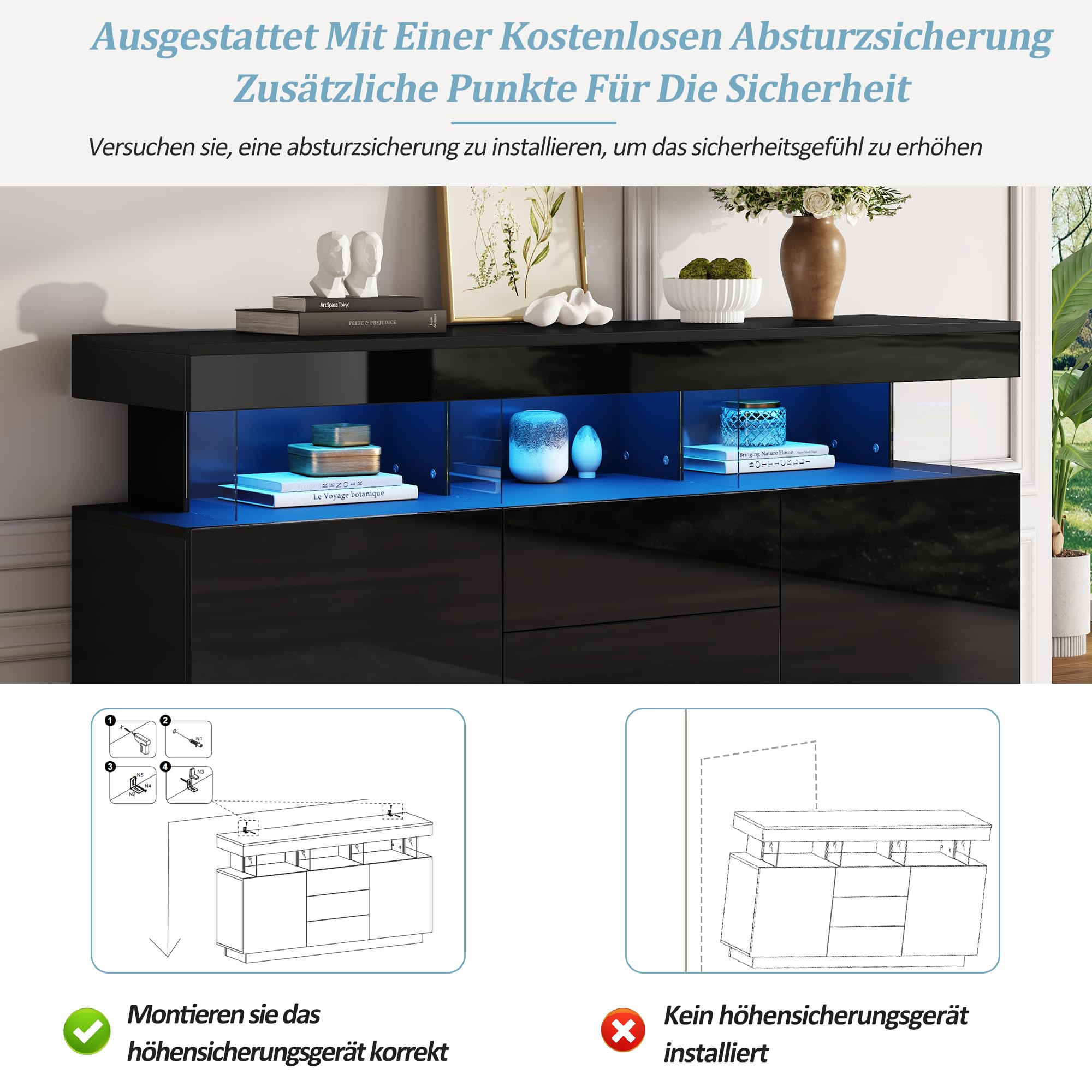 Sideboard Hochglanz 140cm Breit, Sideboard Wohnzimmer mit 16-farbigem Lichtstreifen, Highboard Geeignet für Wohnzimmer und Flur, 140x35x80cm, Schwarz