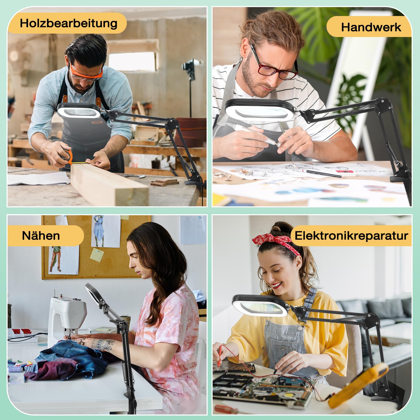 Drdefi 12X Lupe mit Licht und Klemme, Echtes Glas Ständer-Beleuchtung Lupe, 5 Farbmodi und stufenloser Dimmbarkeit LED Schreibtischlampe Freihändige für Handwerk Hobbys Lesen Malen Nähen und Naharbeit