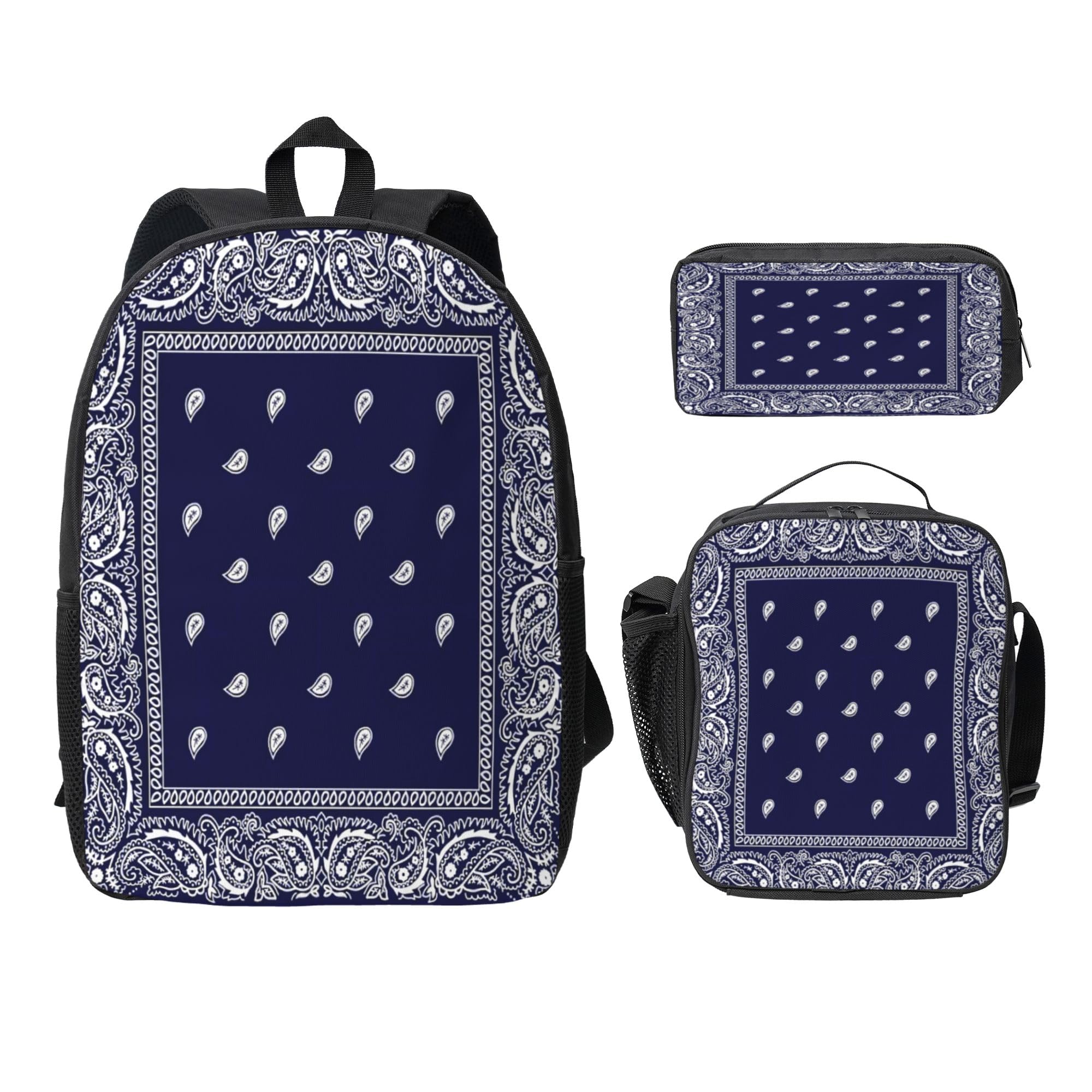 Blue Bandana Paisley Border Print 3PCS Backpack, Cute Shoulder Backpacks Lightweight Durable Laptop Bag, 17 Inch Backpack