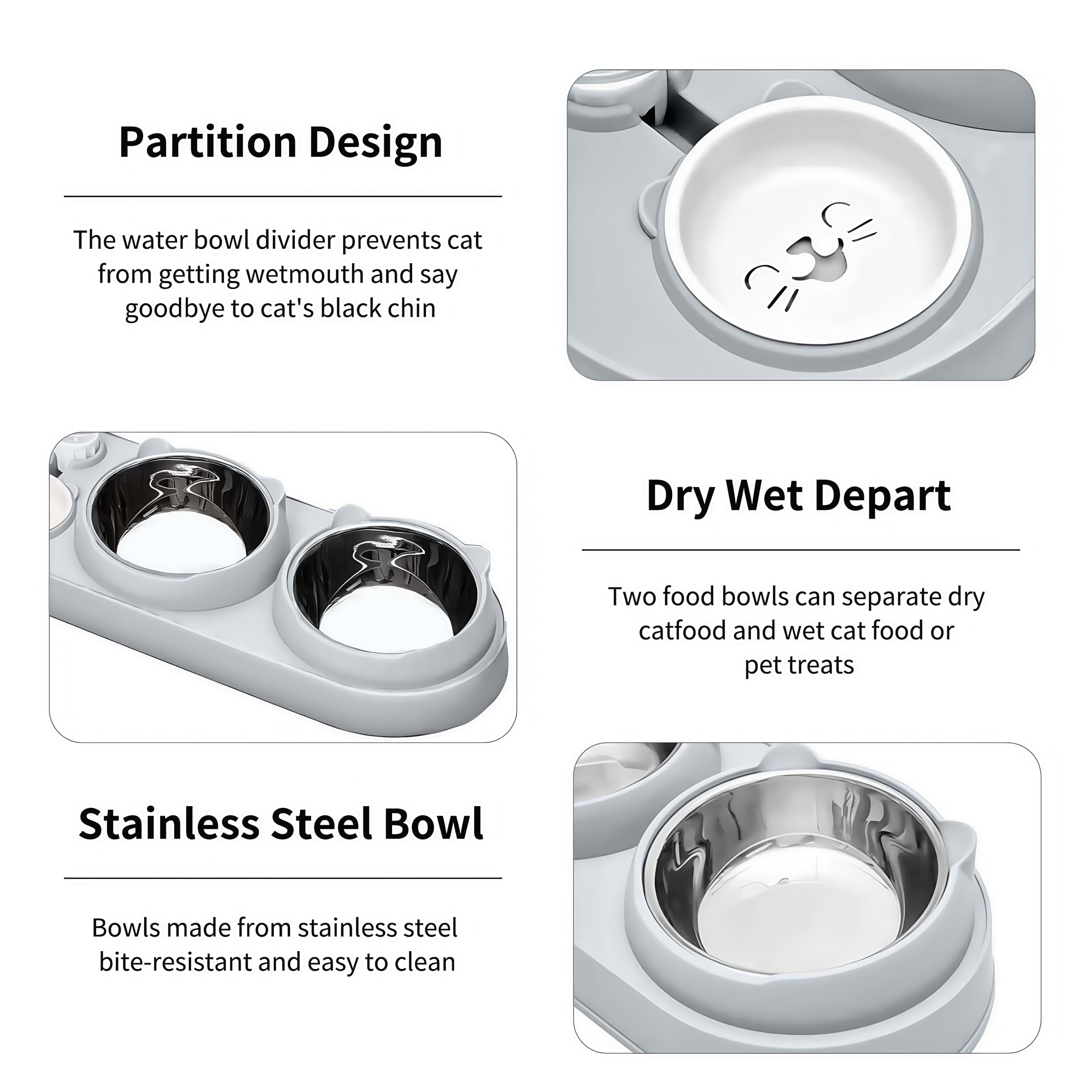 Marchul Ciotola per gatti 3 in 1, set di ciotole per cibo e acqua per gatti con dispenser d'acqua e ciotole in acciaio inossidabile, inclinate a 15°, tre ciotole per gatti interni, cani di piccola o