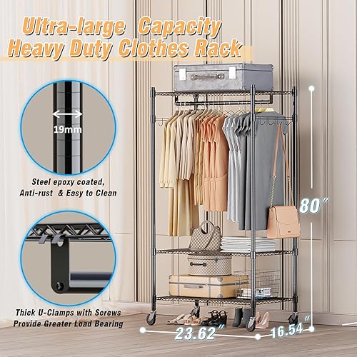 Miniatura 3 de Homdox Perchero resistente con estantes de alambre ajustables de 3 niveles, percheros para colgar ropa, perchero de ropa de doble varilla, armario