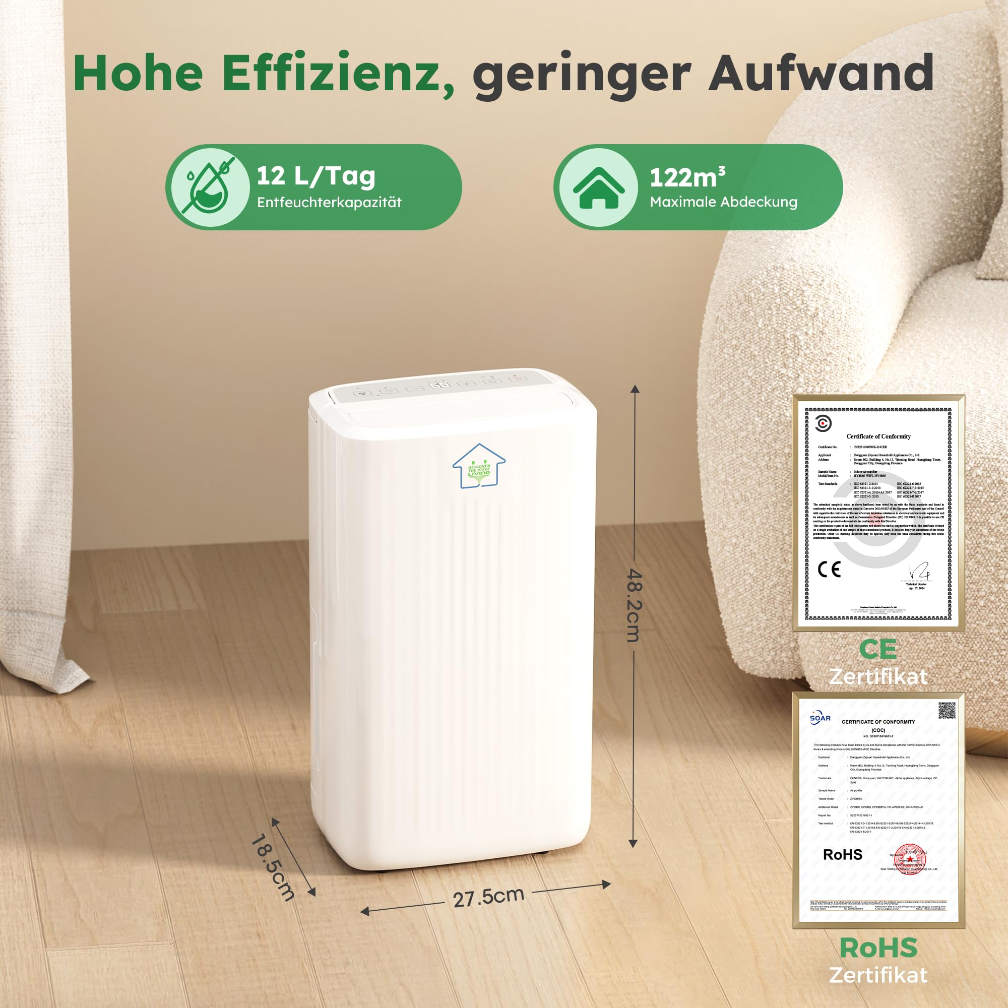 Luftentfeuchter Elektrisch 12L, 122m³,Entfeuchter Elektrisch | Keller 36dB Leiser Raumentfeuchter, 3 Modi, Wäschetrockner & 24h Timer, für Schlafzimmer & Bad