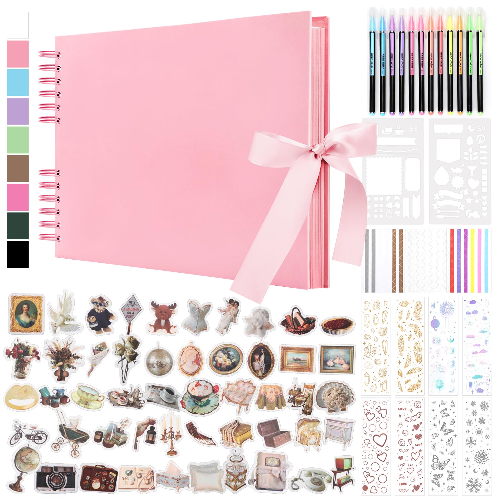 DazSpirit 80 Leere Seiten Fotoalbum zum Selbstgestalten, DIY Scrapbook Fotobuch zum Einkleben, mit 12 Marker & 7-Aufkleber, Gästebuch Ideal für Geburtstag Familie, Hochzeiten, Reisen, Rosa