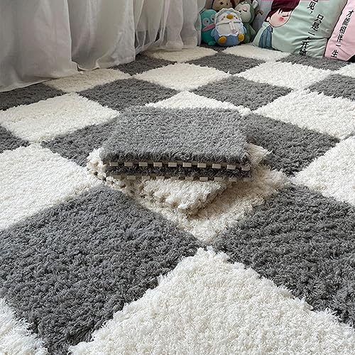 Tapete de espuma de felpa gruesa que se entrelaza, 24 piezas de 12 x 12 pulgadas, tapetes cuadrados esponjosos de espuma con bordes, alfombra de