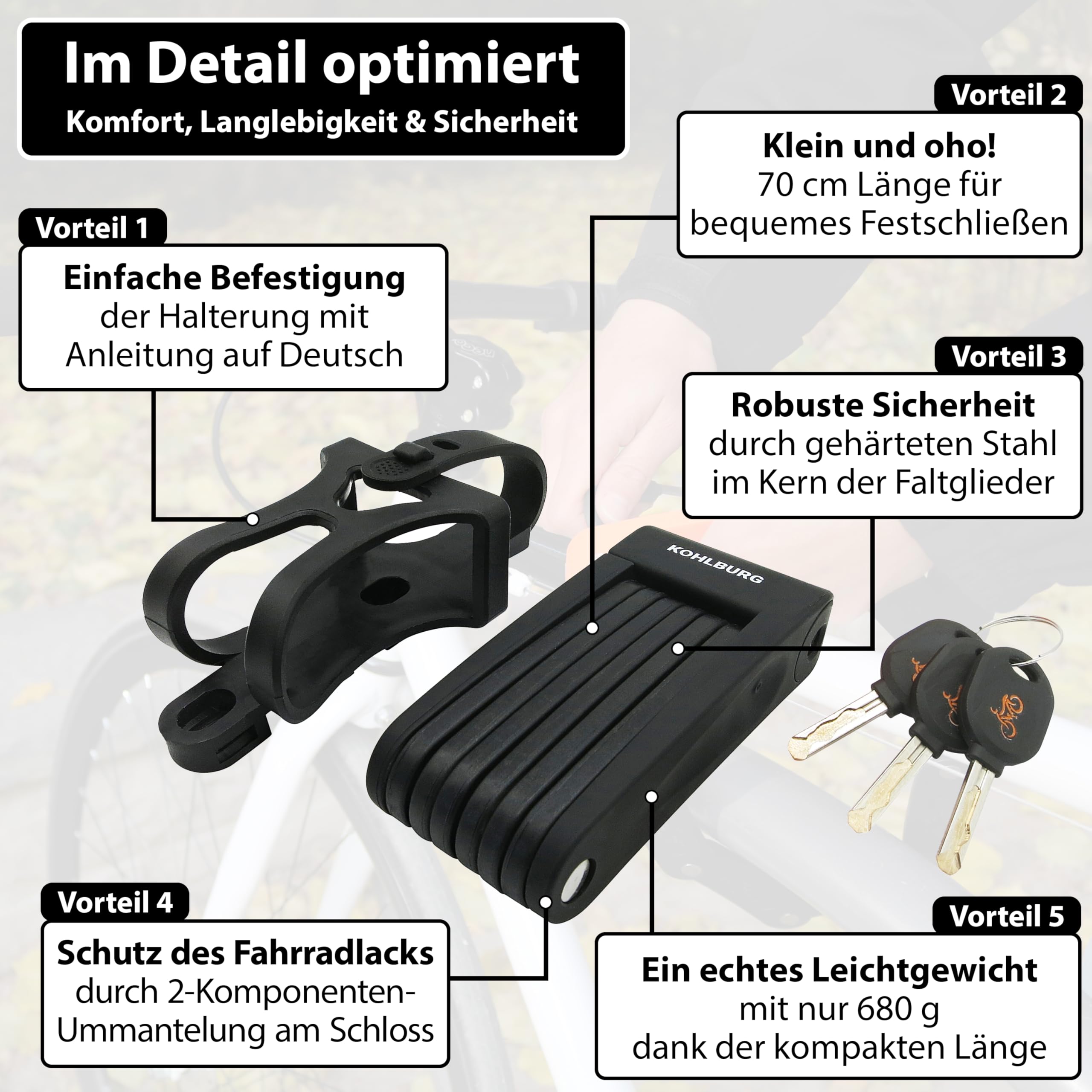 KOHLBURG leichtes & kleines Faltschloss - 680g leicht & 70cm lang - sicheres Fahrradschloss aus gehärtetem Stahl für E-Bike & Fahrrad mit Halterung