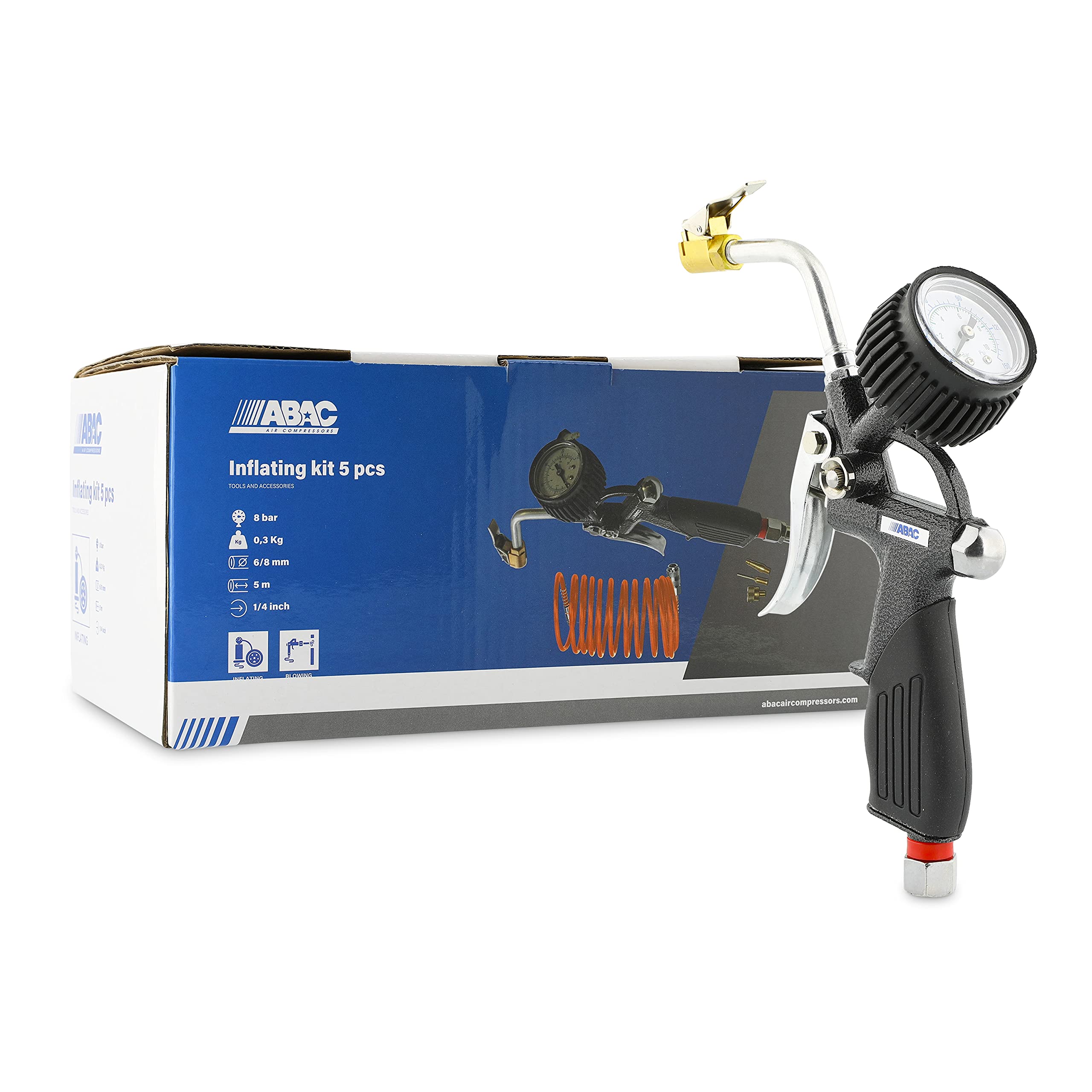 ABAC Kit Gonfiaggio per Compressore 5 Pezzi G-812IG, Inclusi Gonfiagomme con Manometro, Tubo a Spirale 5 m, 3 Adattatori, Pressione Max 8 Bar