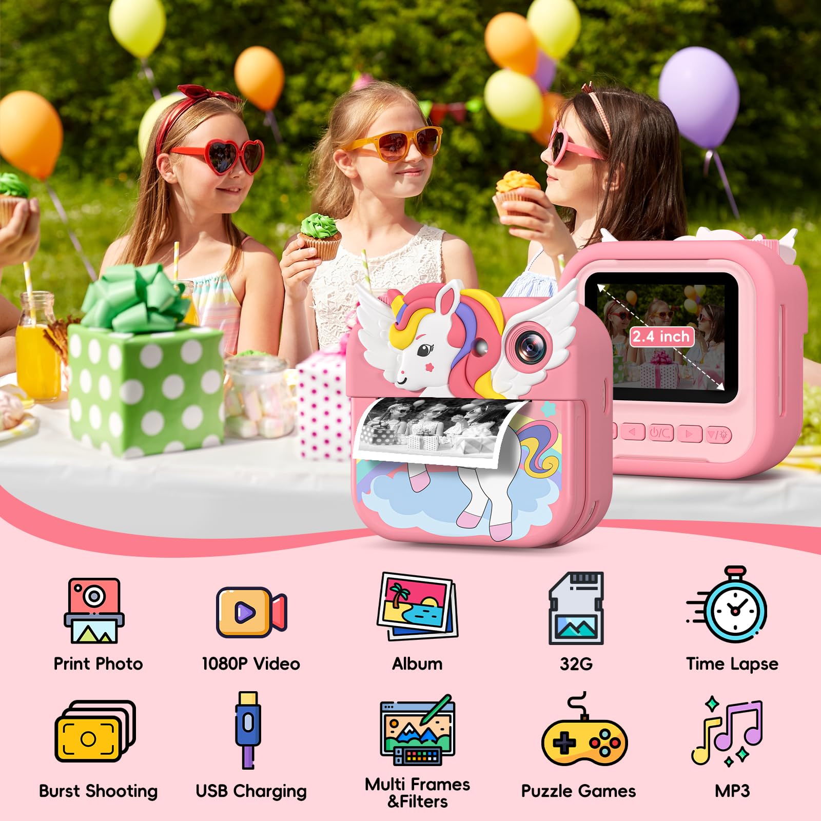 Gofunly Macchina Fotografica Bambini Istantanea, 2.4 Pollici Fotocamera Istantanea Bambini con 32GB Scheda, 12MP/1080P Fotocamera per Bambino, Regalo di Compleanno per Bambini dai 3-12 Anni