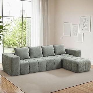 119" Oversized Cloud Boneless Couches for Living Room, Modern Tufted Modular Sectional Sofa with Deep Seat & Movable Ottoman, L Shaped Memory Foam Chenille Couch, No Assembly Required, Green