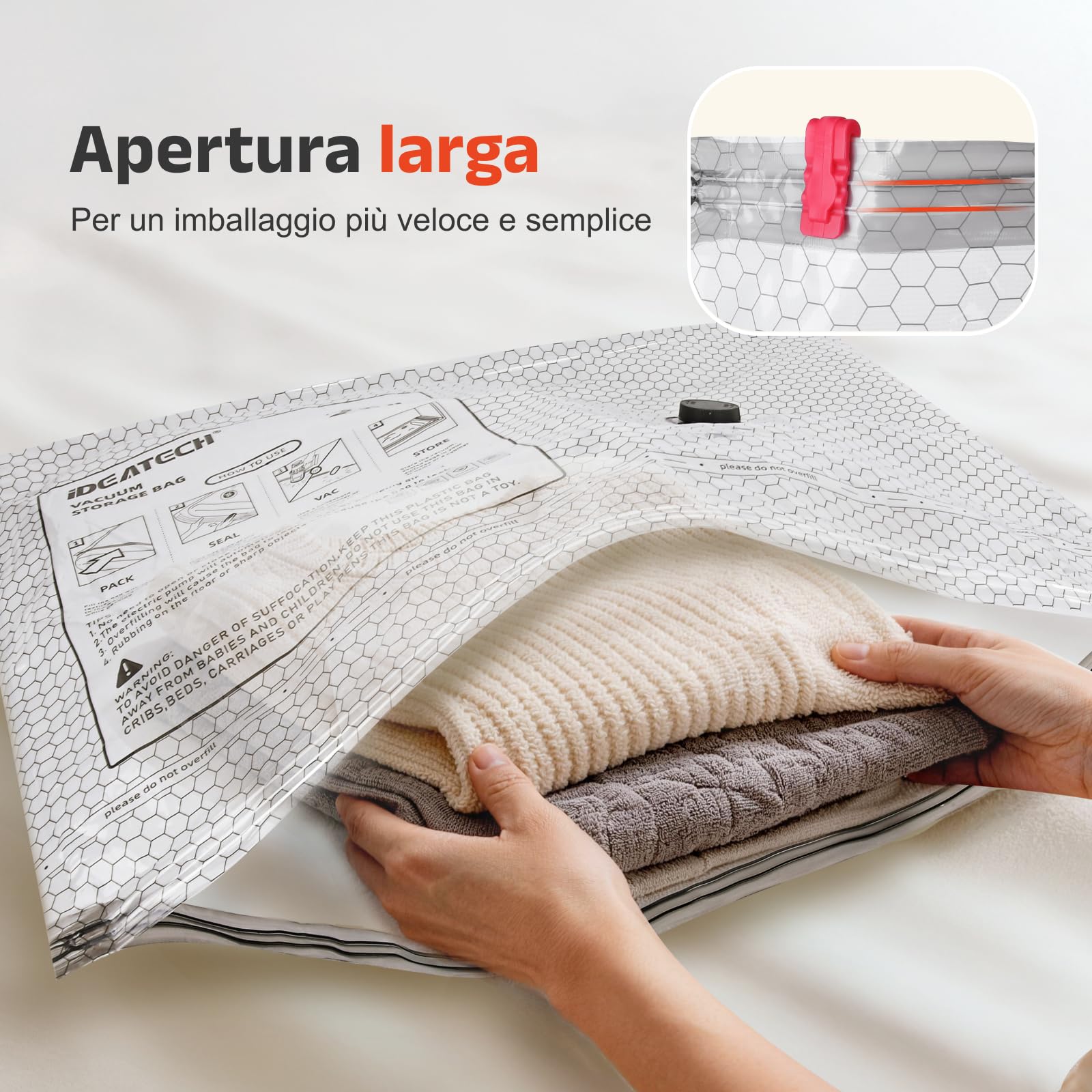 IDEATECH Sacchetti Sottovuoto Vestiti 12 Pezzi (4S 50x40cm+4M 60x40cm+4L 60x50cm) con Pompa USB Compressione Salvaspazio Riutilizzabile per Piumoni Viaggi
