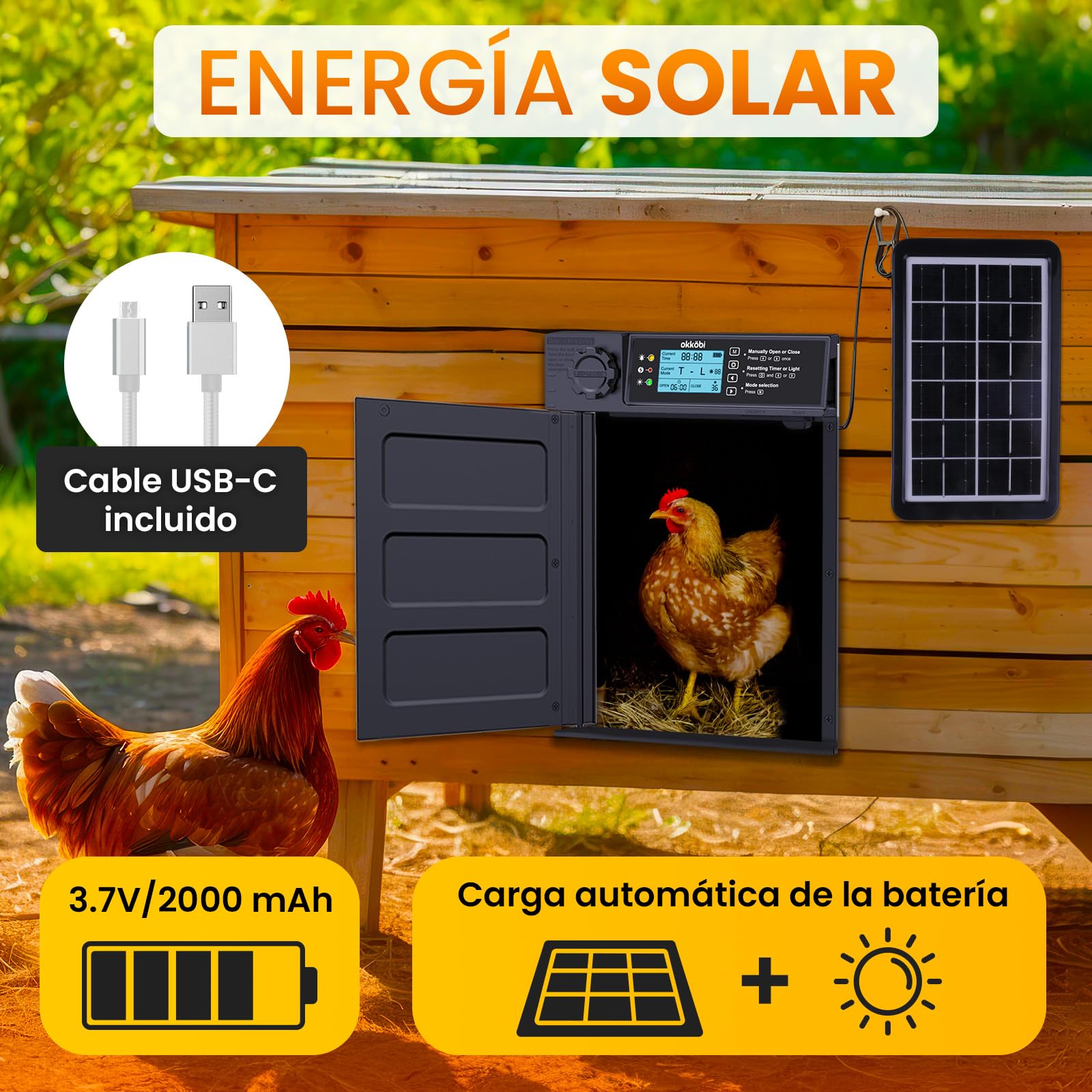 Puerta Gallinero Automatica Solar - Pro Version - Puerta Automatica Gallinero con Mando a Distancia, Sensor de luz y Temporizador - Seguridad: Función Anti-pellizco - Pantalla LCD - 5 años protección