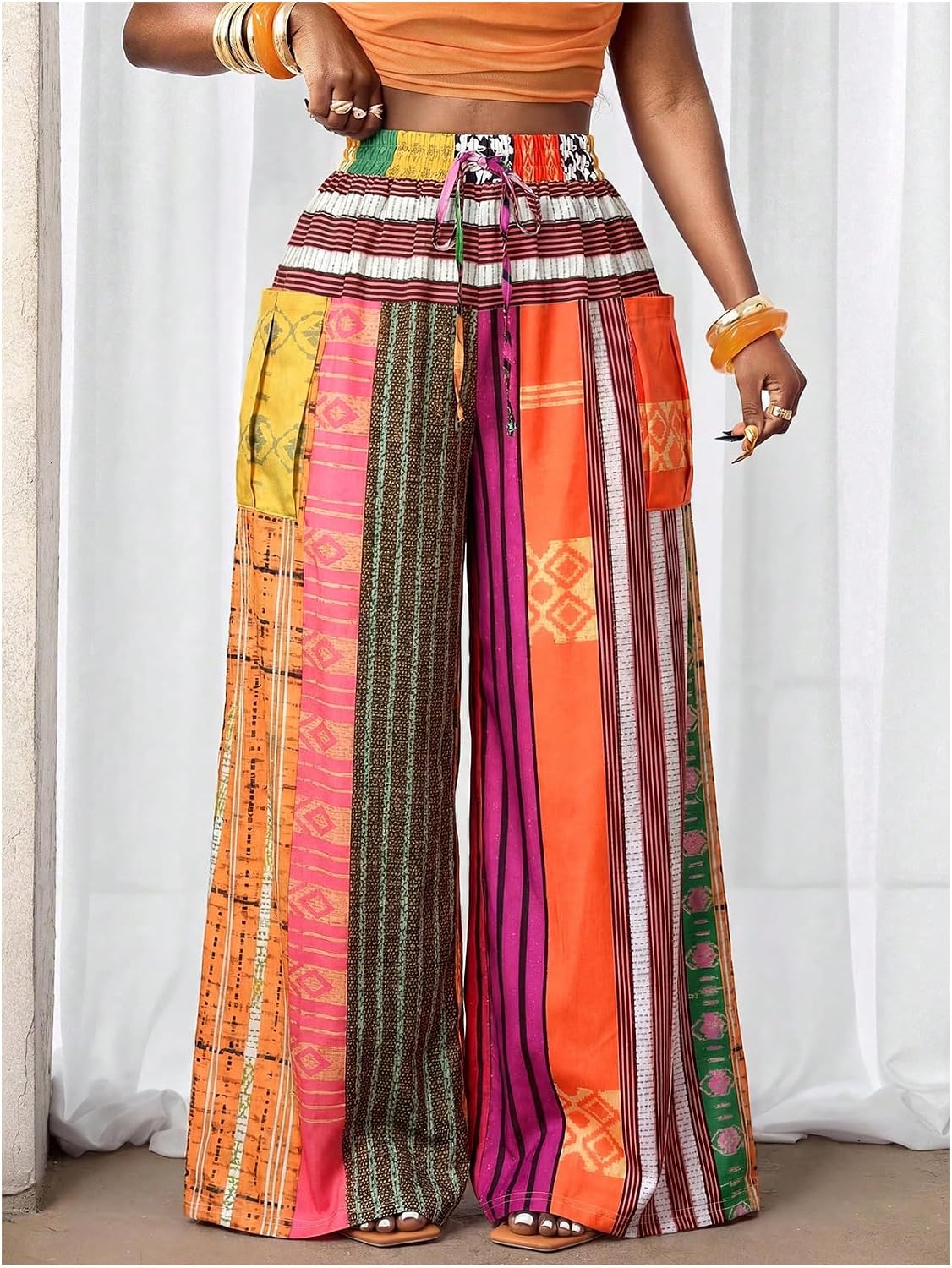 GORGLITTER Women's Striped Palazzo Pants Colorful Graphic Wide Leg Trousers | Elastic High Waisted, Boho Pants, Beach Vacation, Going Out Outfits, Fall Pants for Women 2026