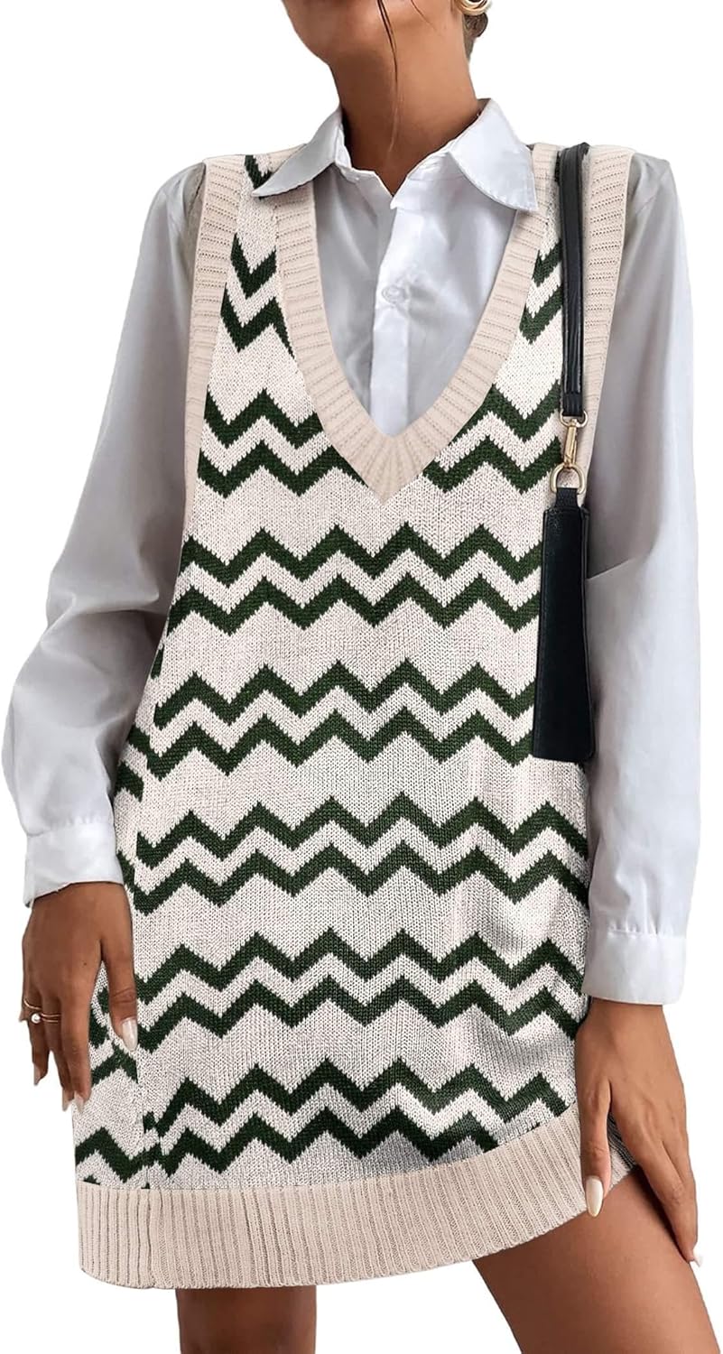 HOTOUCH Women Sweater Vest Oversized V Neck Sleeveless Knit Pullover Ribbed Vest Dress with Pockets