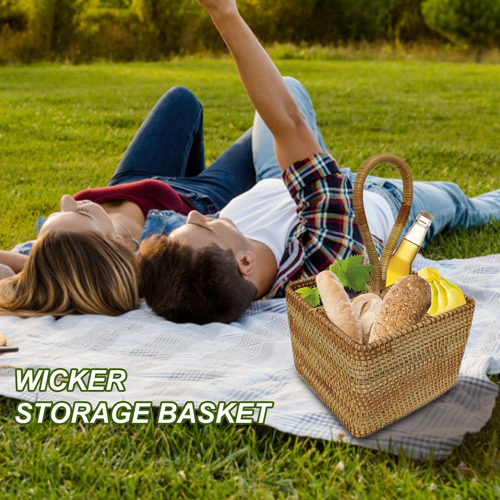Cestino in vimini – Cesto portaoggetti in vimini naturale, intrecciato a mano, cestino da picnic 17,8 x 17,8 cm, manico lungo, 4 scomparti, cestino in rattan per picnic, bottiglie, posate, utensili da
