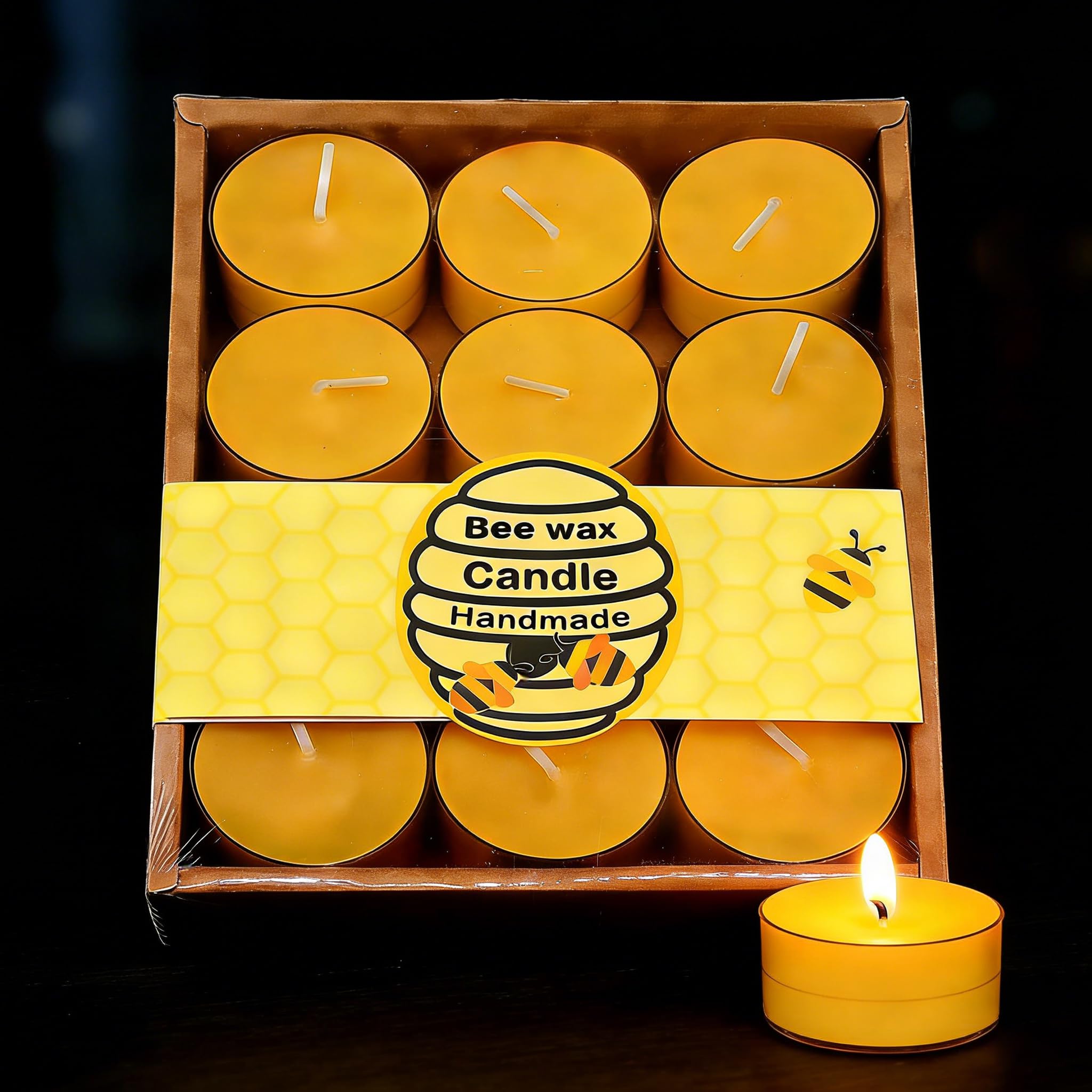 Wihozte Yellow 12Pcs 100% Natural Beeswax Tealight Candles, Non-Toxic Pure Beeswax Tealight Candle Set, Handmade Cotton Wick, Eco-Friendly Relaxation & Ambiance For Home Outdoor Weddings Diwali Gifts