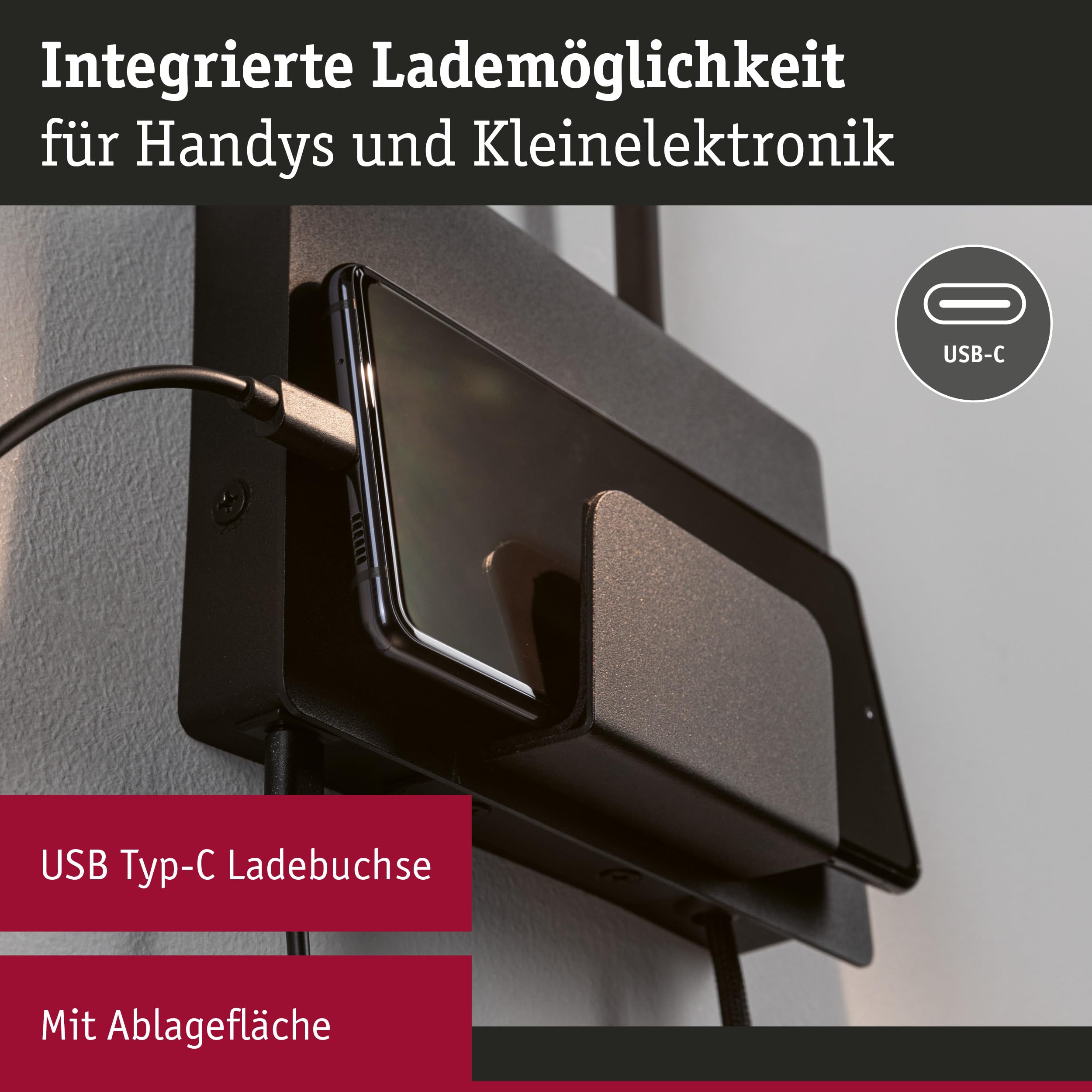 Paulmann 71101 LED Wandleuchte Halina USB C 2700K 200lm 230V 2,4W Schwarz matt Wandleselampe