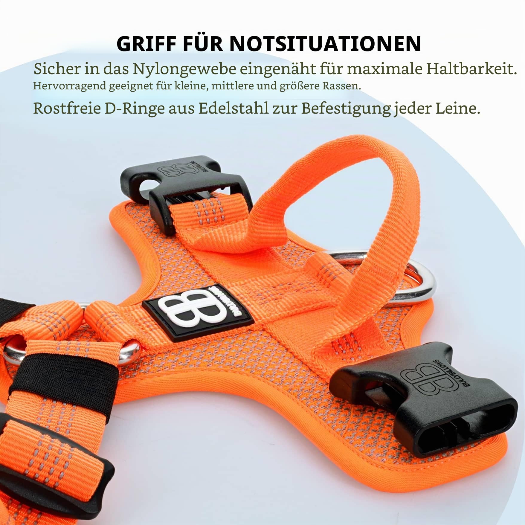BullyBillows Active Light Hundegeschirr mit Griff | Premium-Geschirr mit gepolstertem Innenfutter & hochreflektierendem Design | Geeignet für alle Hunderassen | Orange |Klein
