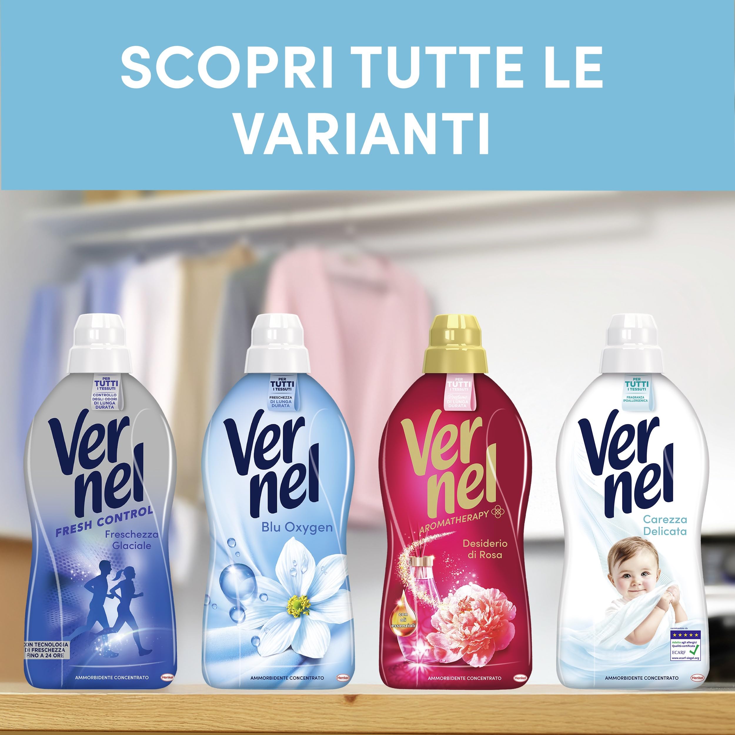 Ammorbidente Concentrato Vernel Carezza Delicata (10 x 48 lavaggi), Ammorbidente Concentrato per Tutti i Tessuti, con Fragranza Ipoallergenica, Approvato Dermatologicamente per Pelli Sensibili