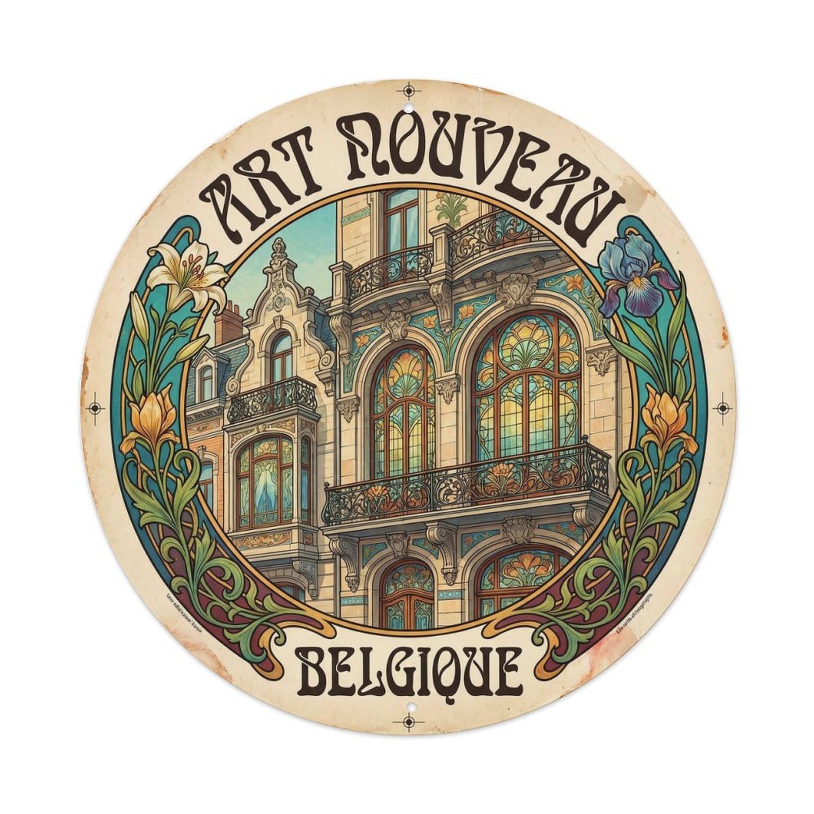 Vintage Travel Nouveau Belgium Facade Metal Tin Sign Plaque Wall Decor for Cafe, Club, Garden Round Metal Poster 8x8Inch