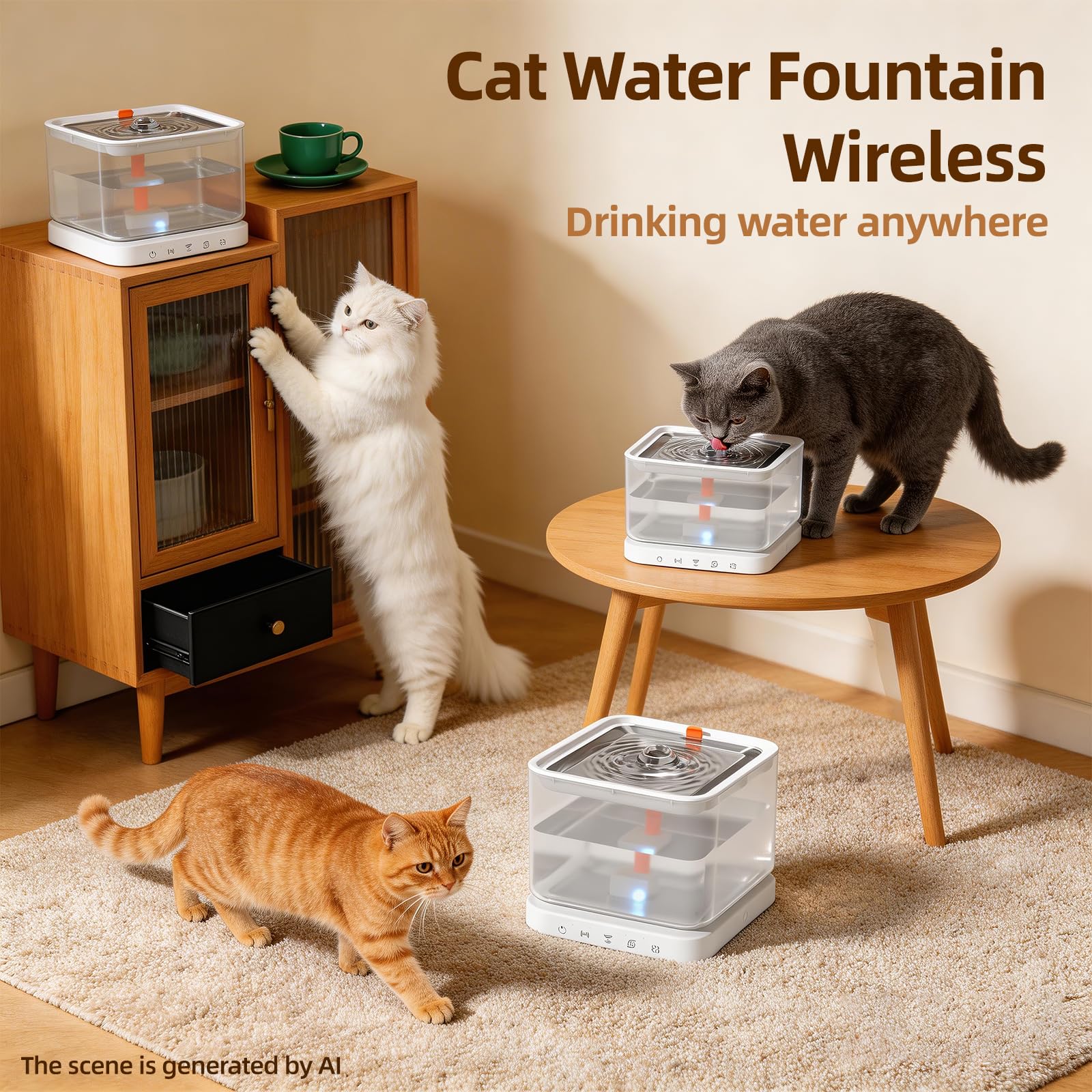 Fuente de agua inalámbrica para gatos, fuente de agua para gatos de 3.2 litros, gran capacidad, funciona con pilas, fuente de agua para mascotas para interiores con sensor de movimiento para gatos y