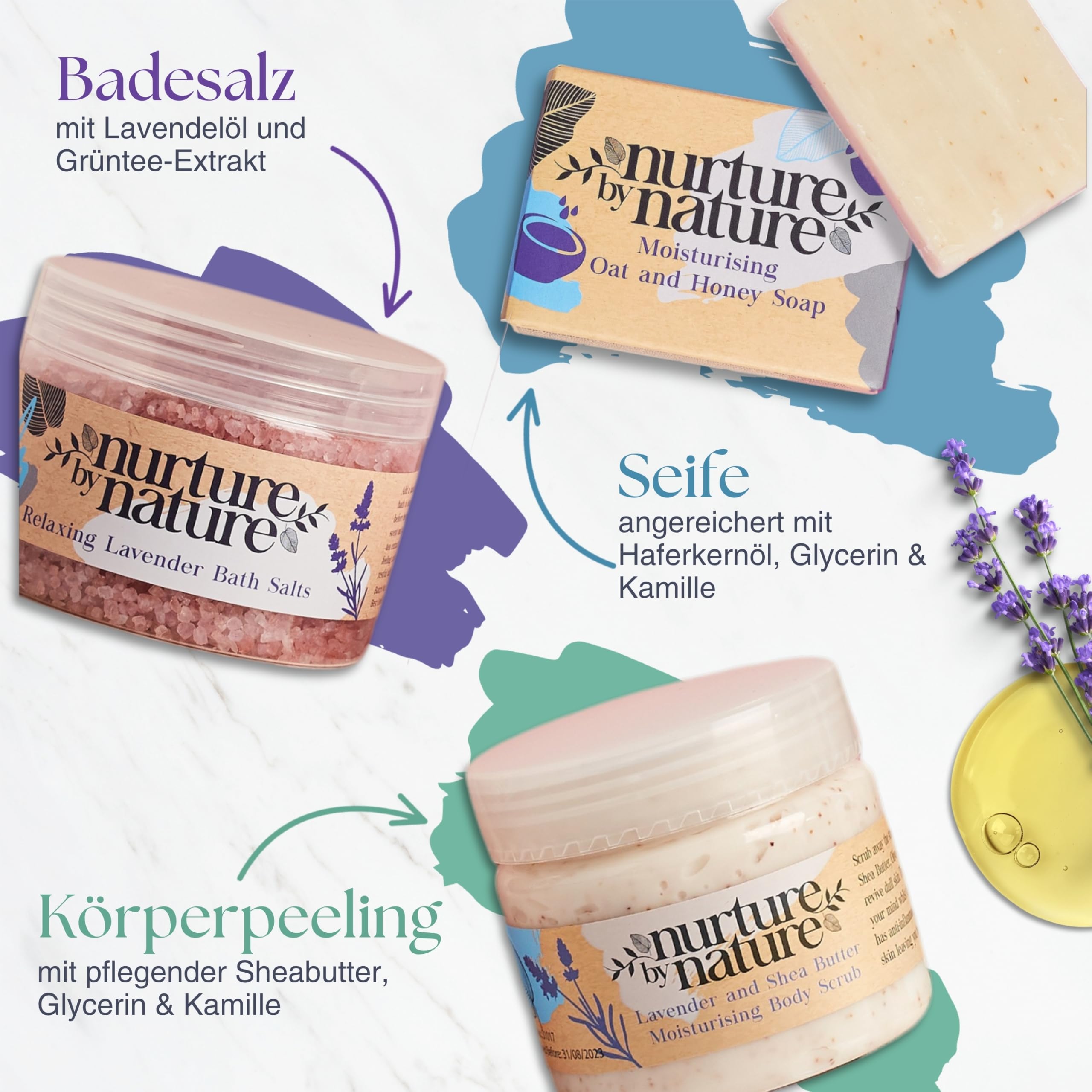 Nurture by Nature Relax & Calm, Verwöhn-Spa-Geschenkset, Badeset, Lavendel, Badesalz, Aromatherapie, Seife, Badekugeln, Kerze & mehr, Geschenk für Frauen, sie
