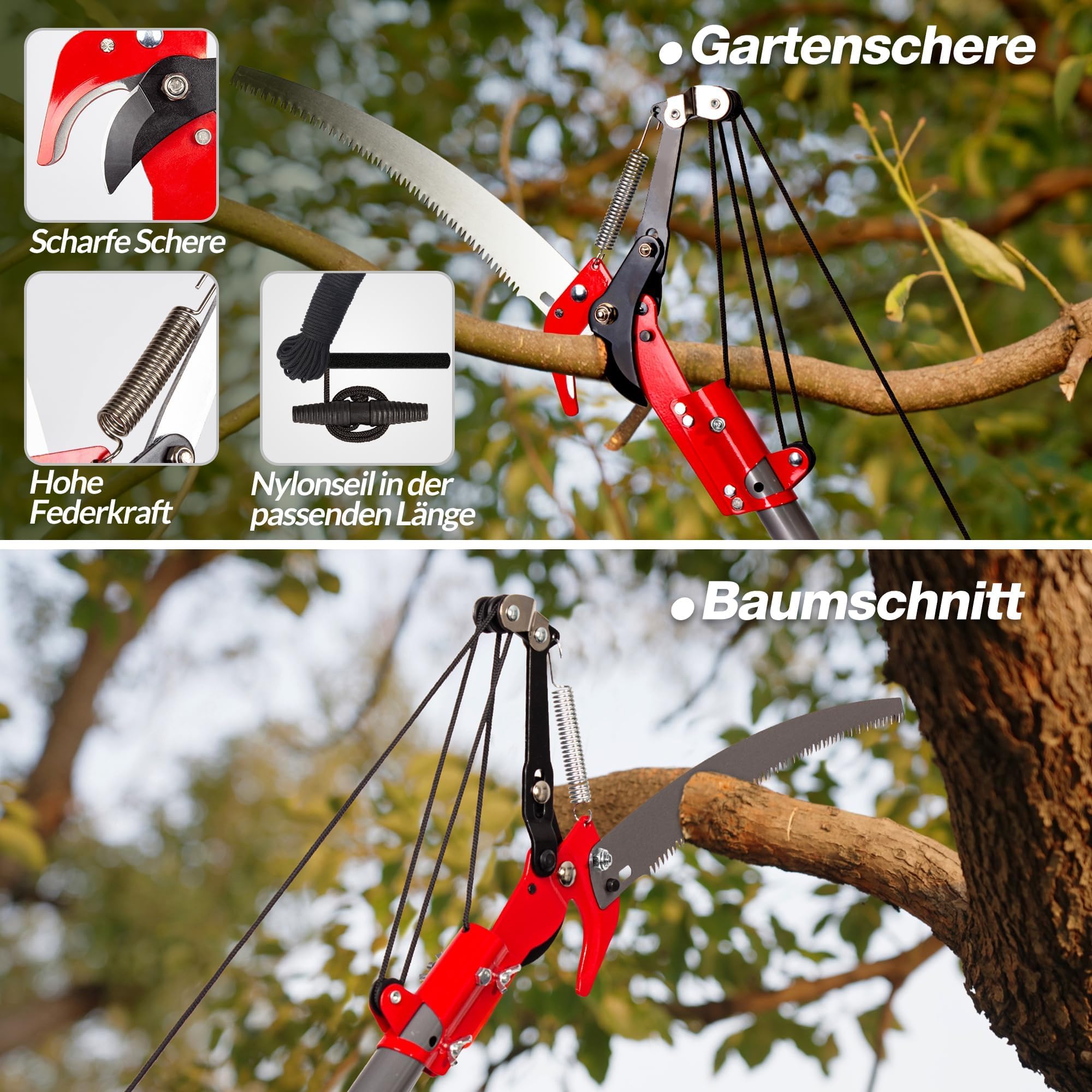 Walensee Teleskop-Baumschere 2-in-1 mit Astsäge, 3 M ausziehbare Stange, Baumschneider mit Stahlklinge und Astschneider, leichte, hochfeste Griffe für einfache Garten- und Baumpflege, Rot