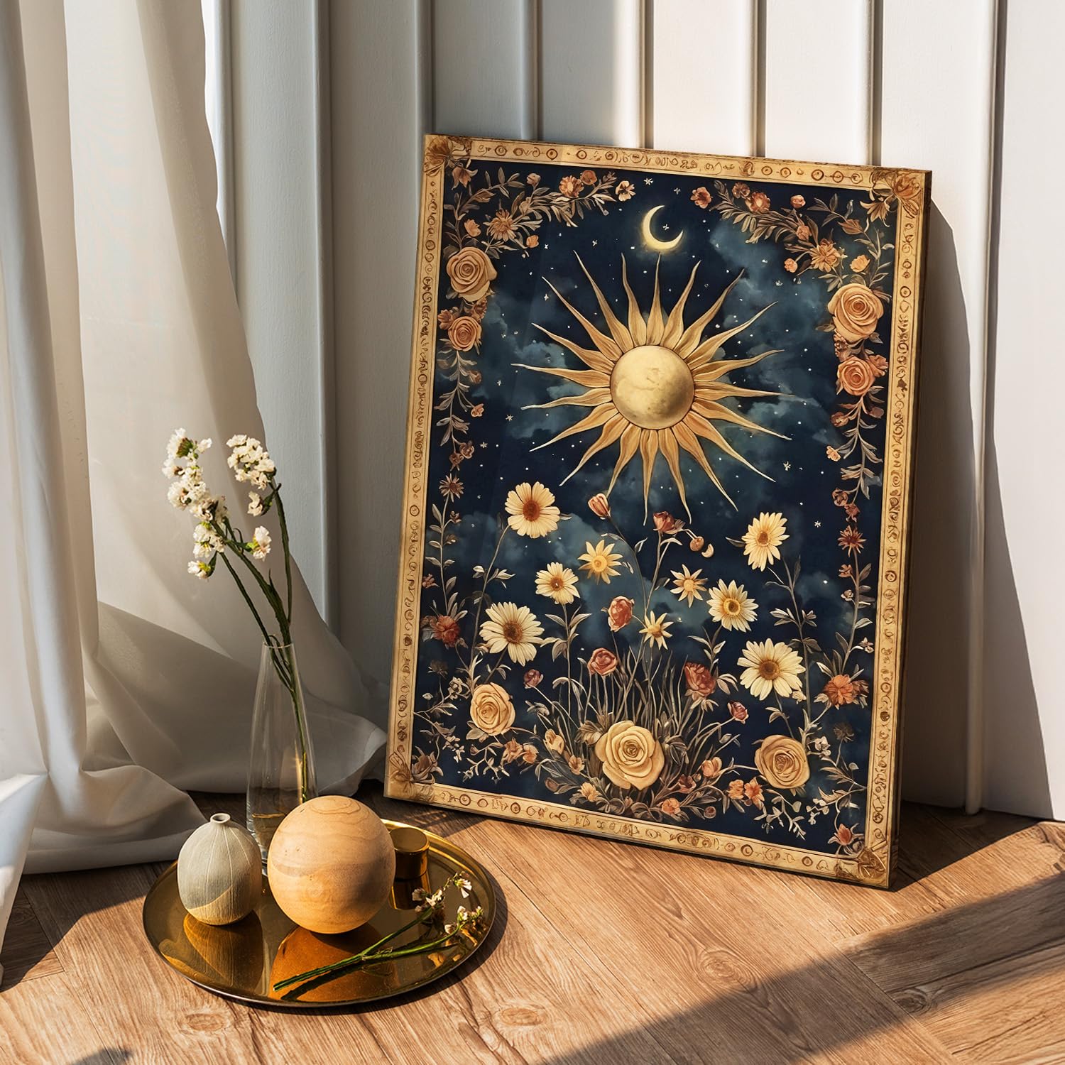 Dazzlewall 3er Set Vintage Boho Gothic Wandkunst, Sonne & Mond Tarotkarten Blüten Geheimnisvolle Okkulte Wandbilder für Schlafzimmer Wohnzimmer Mit Rahmen 30x40 cm