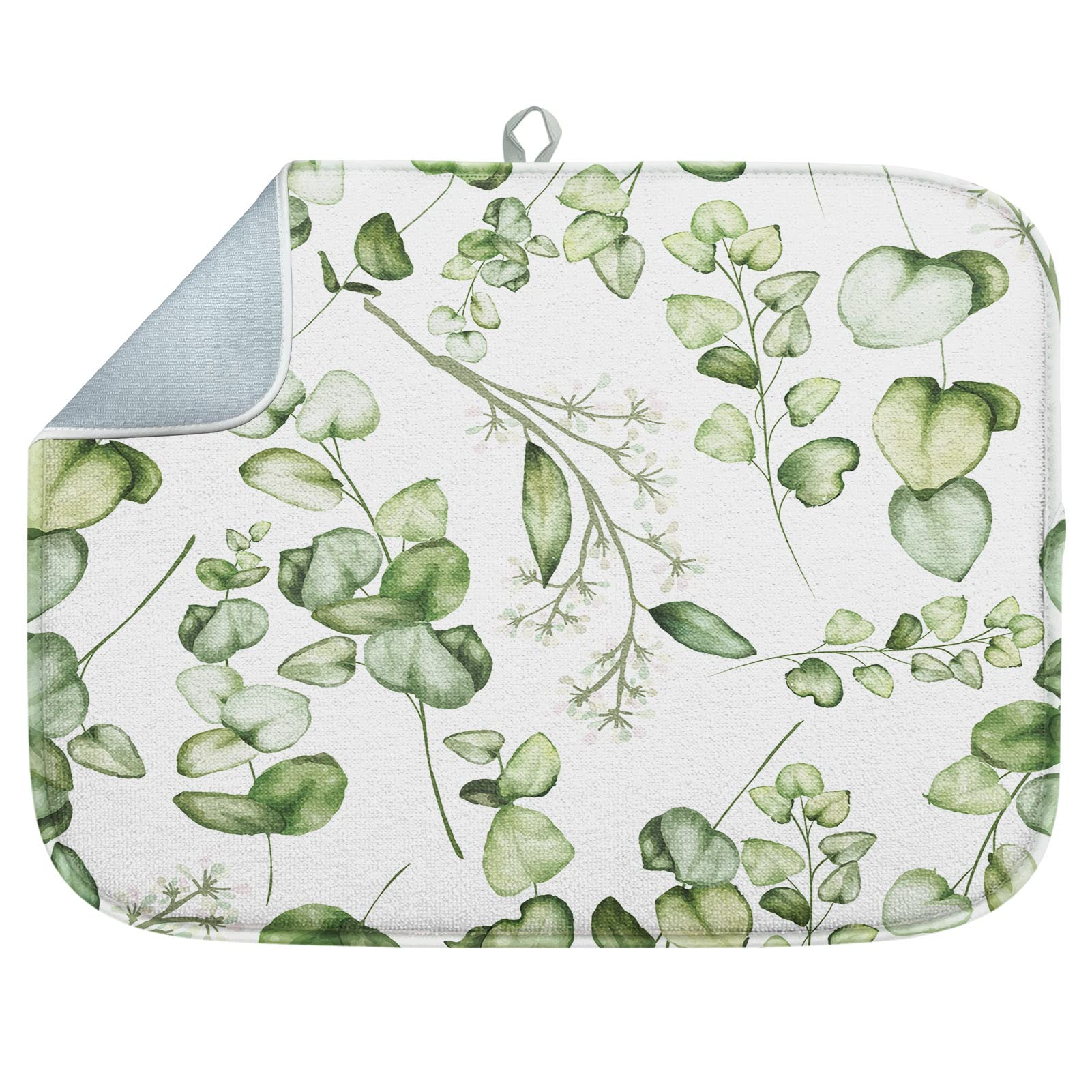 Sanwarm Absorbent Dish Drying Mat, Vintage Summer Eucalyptus Leaves Flower Microfiber Pad for Kitchen Counter, Coffee Bar Decor, Heat Resistant and