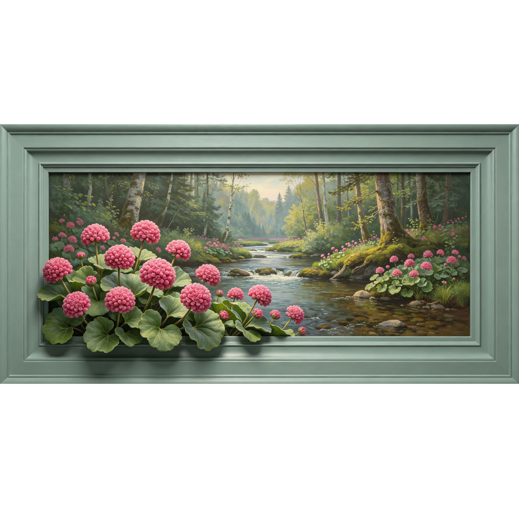 Agglomerix 3D Framed Wall Art Pink Flower Stream Forest Landscape Botanical Relief Effect Large Size Self-Adhesive Removable Wall Decor Prints Artwork for Living Room Bedroom Office