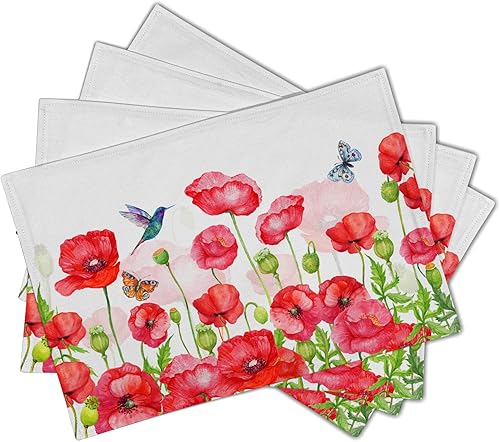 Miniatura 2 de Juego de 4 manteles individuales con estampado de amapola roja de acuarela, manteles individuales florales con flores botánicas para el hogar y la