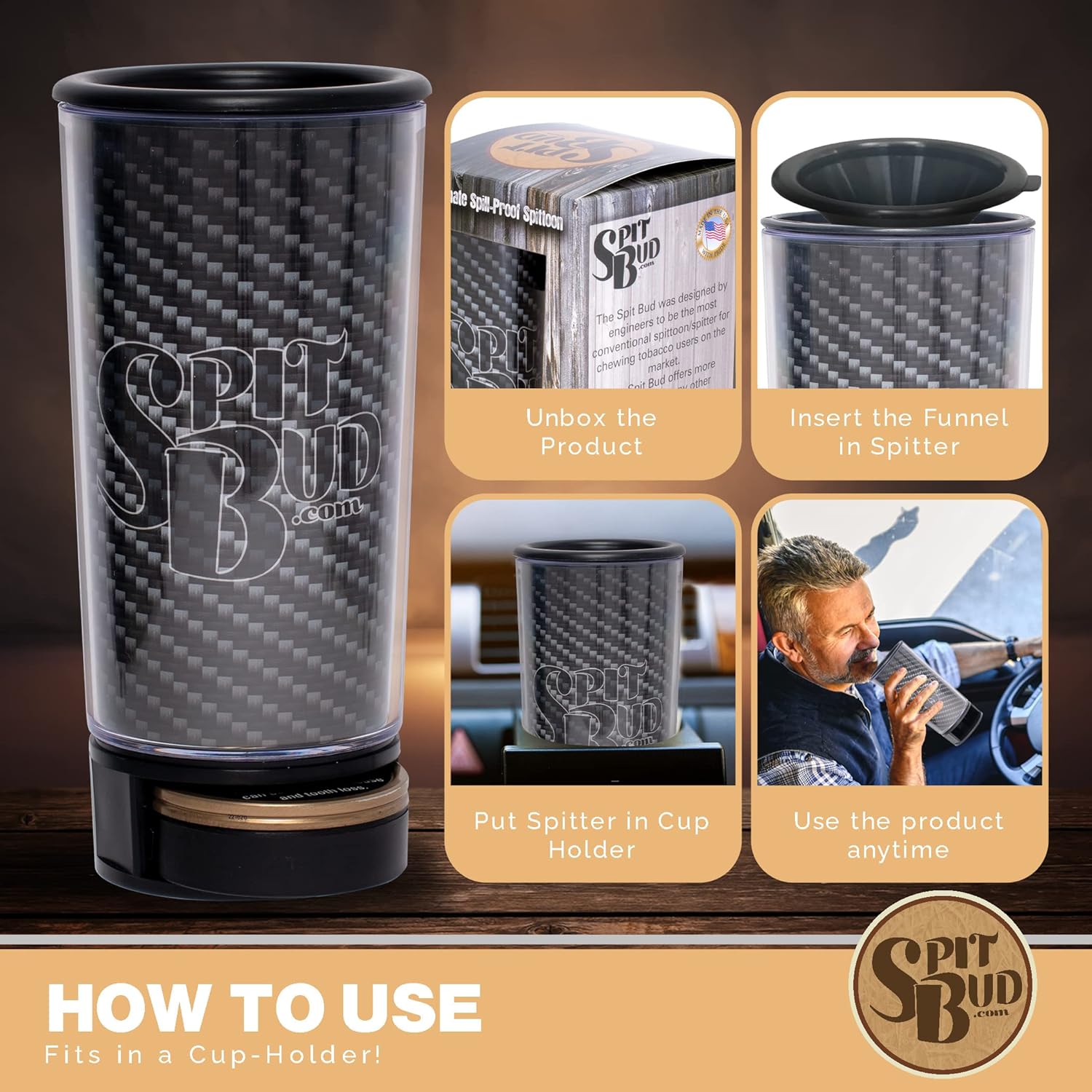 Carbon Fiber by Spit Bud - The Ultimate Spittoon for Chew - Portable Dip & Snuff Cup with Lid, Pop Tab, Spill-Proof Funnel, Can Cutter & Holder - Fit in Cup Holders - Holds 8oz - Made in USA