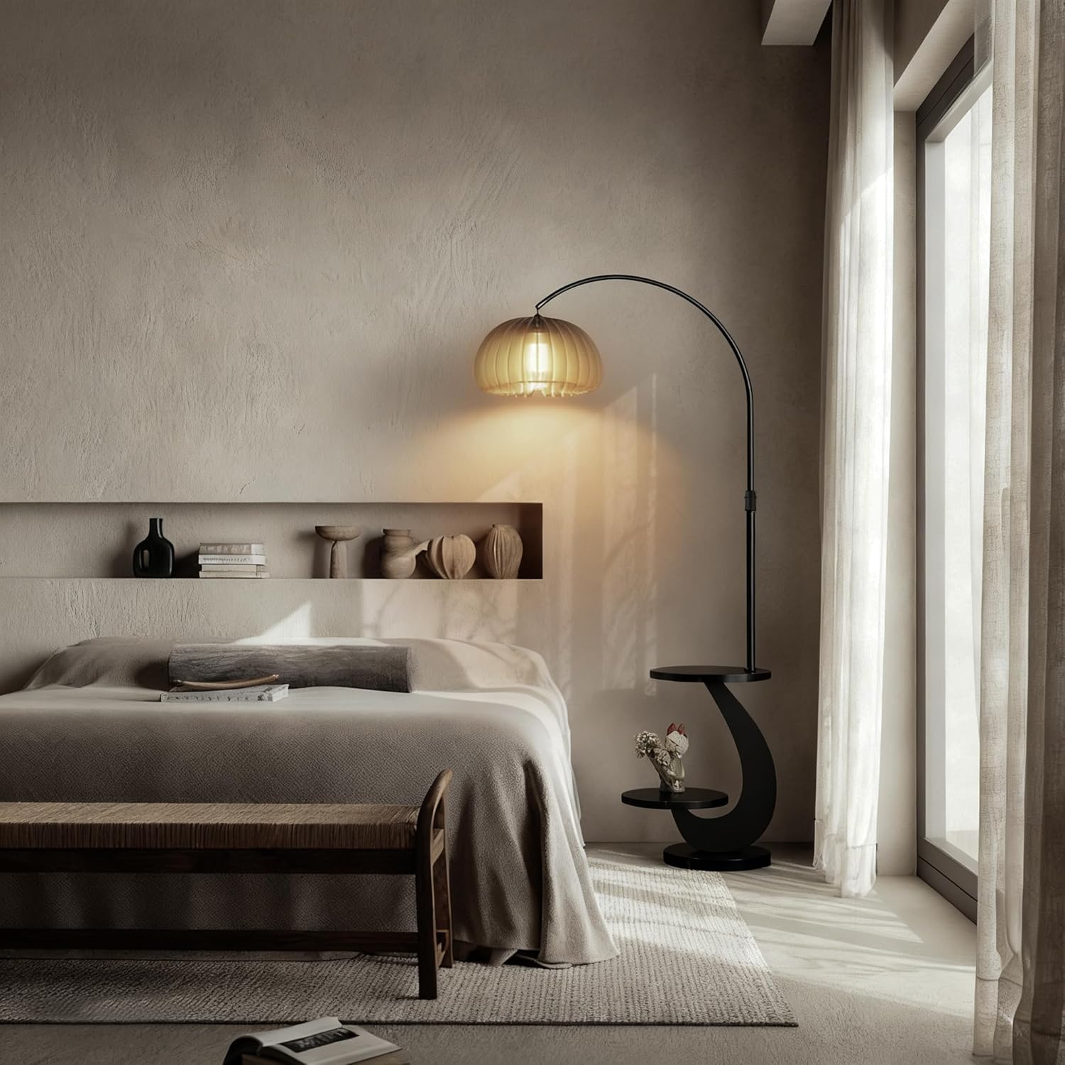 Modern Floor Lamp with Wireless Charger and Wooden Shelf, Minimalist Standing Lamp with Storage Cabinet, USB Ports, Dimmable LED Light for Bedroom Corner