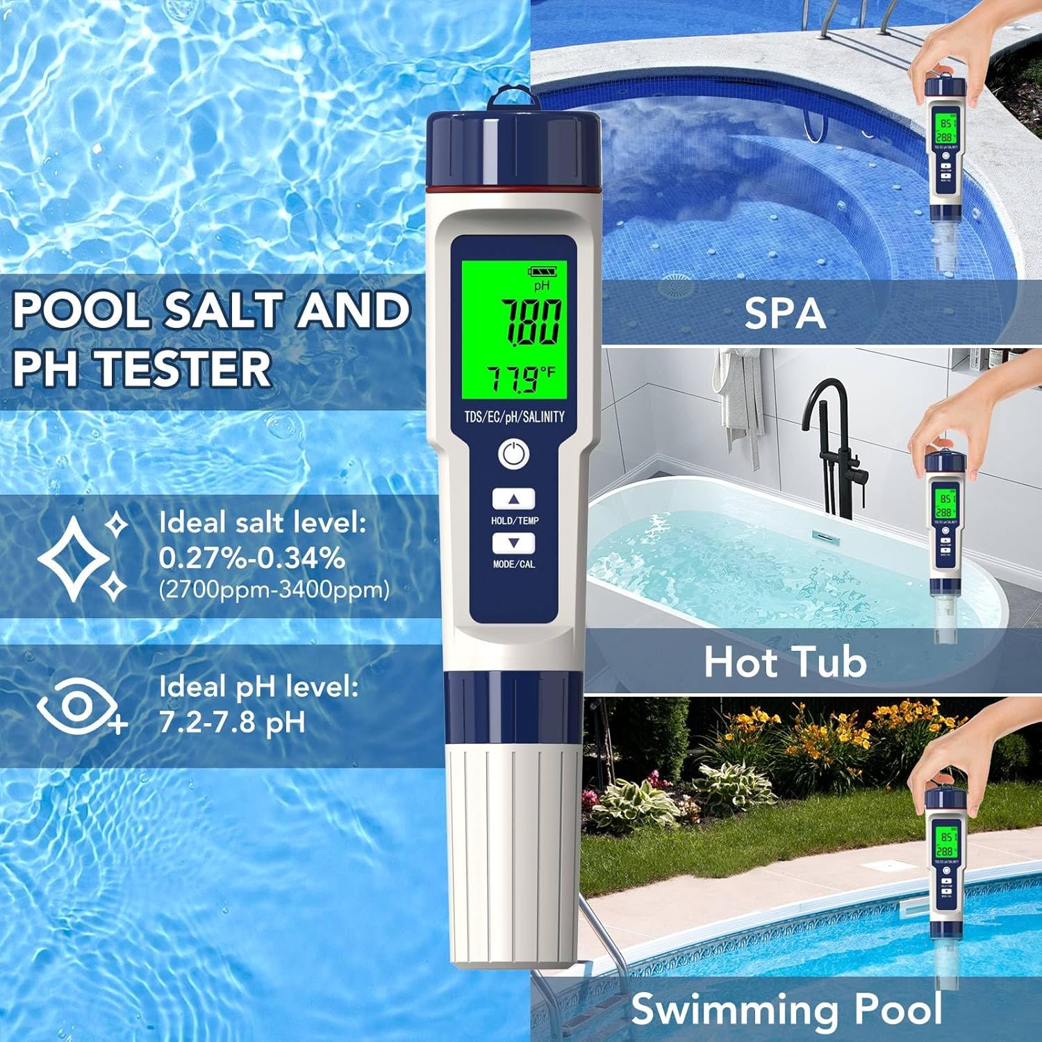 Ph Tester Digital,Pool Salt Tester, Digital Salinity Meter and PH Tester for Pool Salt Water and Drinking Water, 5 in 1 Salinity PH Temp EC and TDS Meter for Swimming Pool Hot Tub Spas, High Accuracy