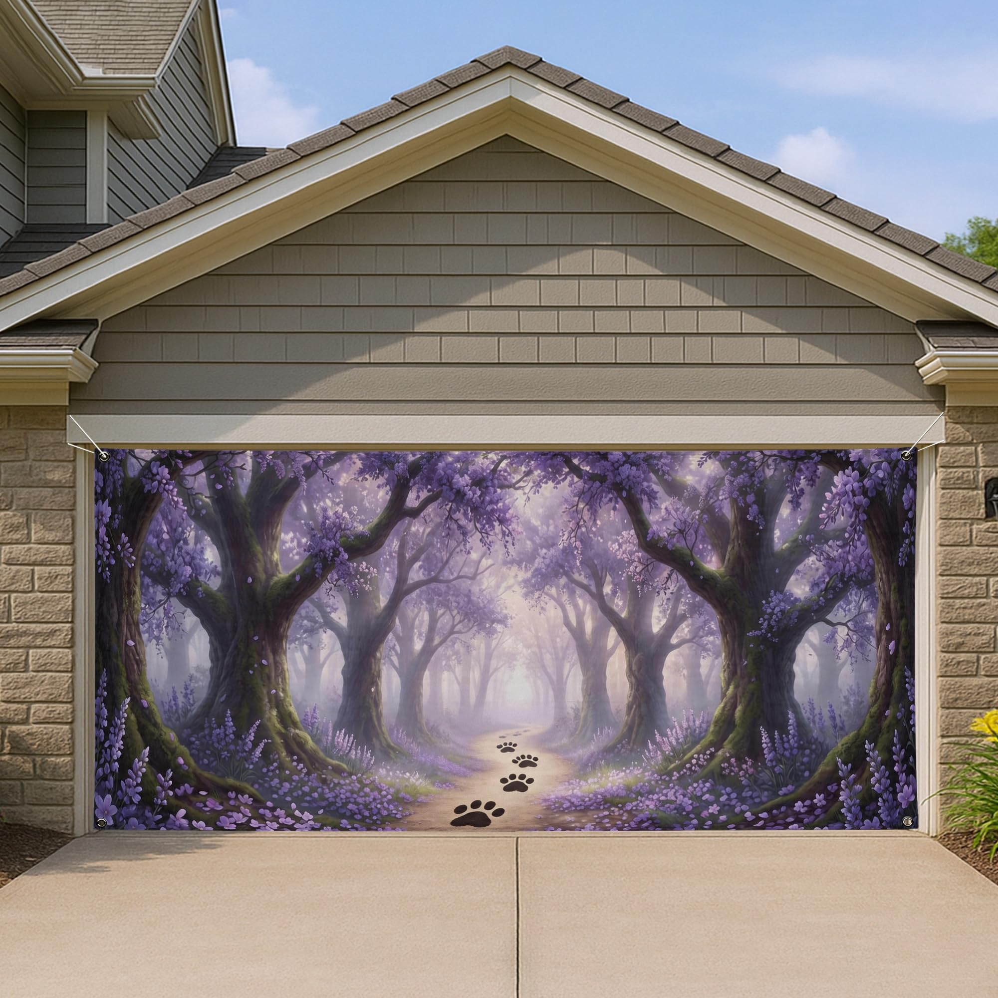 Housse de porte de garage fleurie forêt violette pour sublimer votre extérieur au printemps
